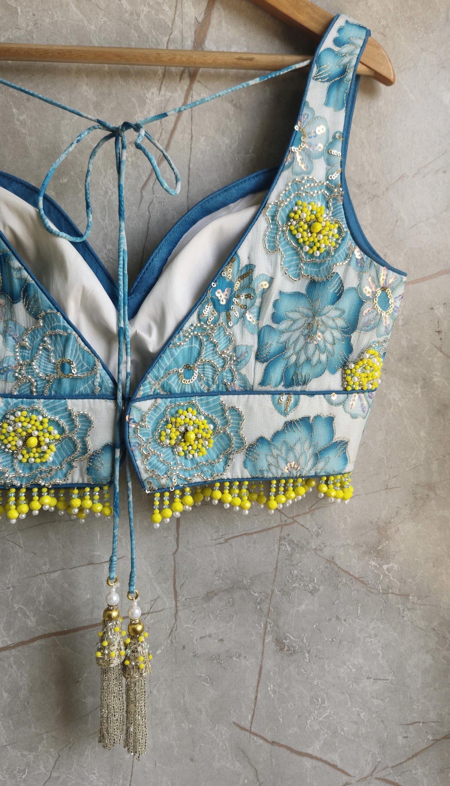 Beads Embroidered Blue Deep Sweetheart Neck Blouse DVBL_415