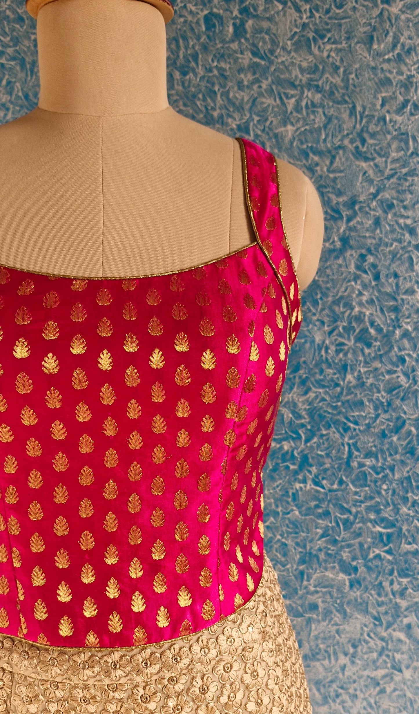 Pink Gold Brocade Silk Backless Corset Blouse DVCB_004