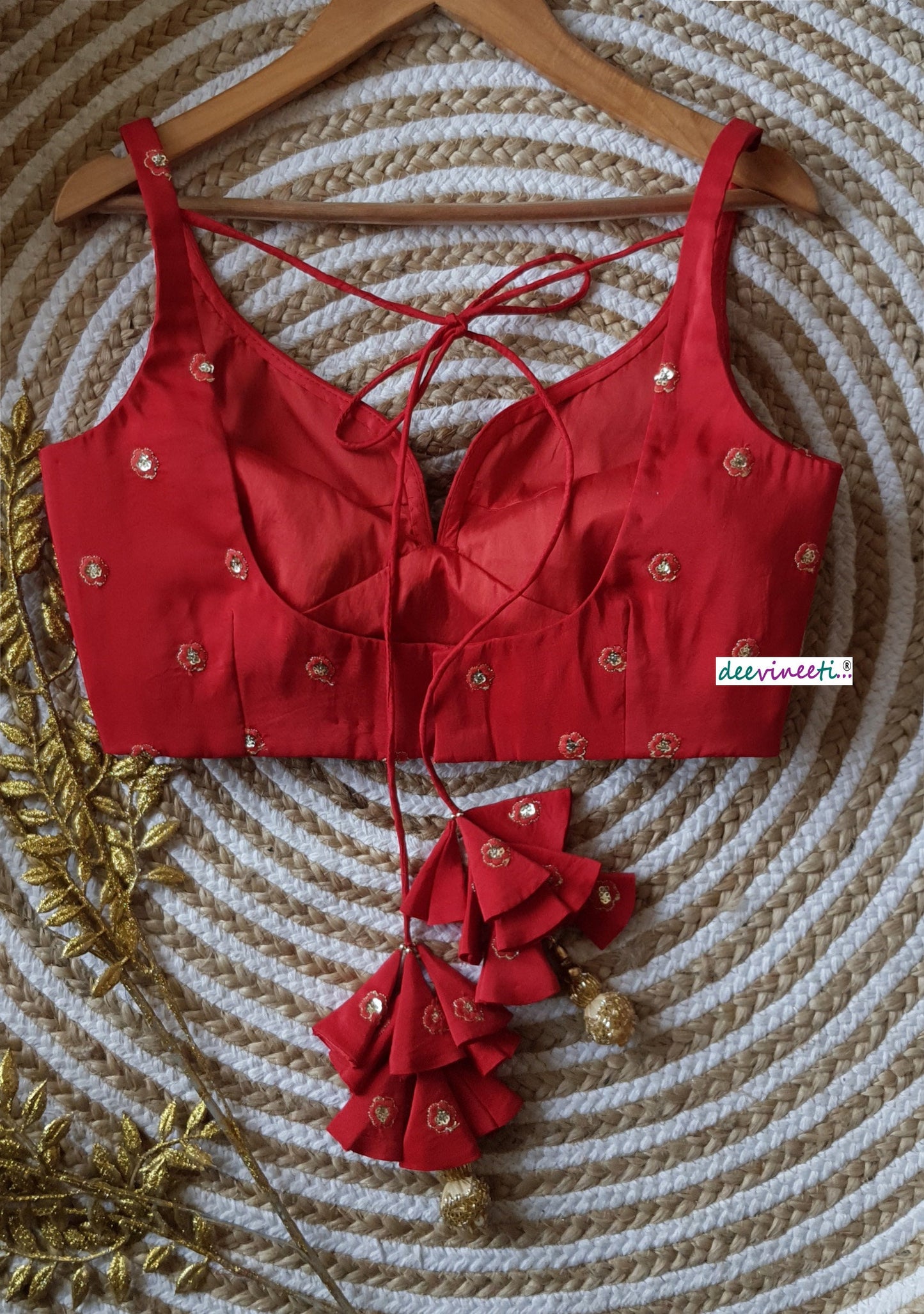 Embroidered Red Silk Deep Sweetheart Neck Blouse DVBL_160