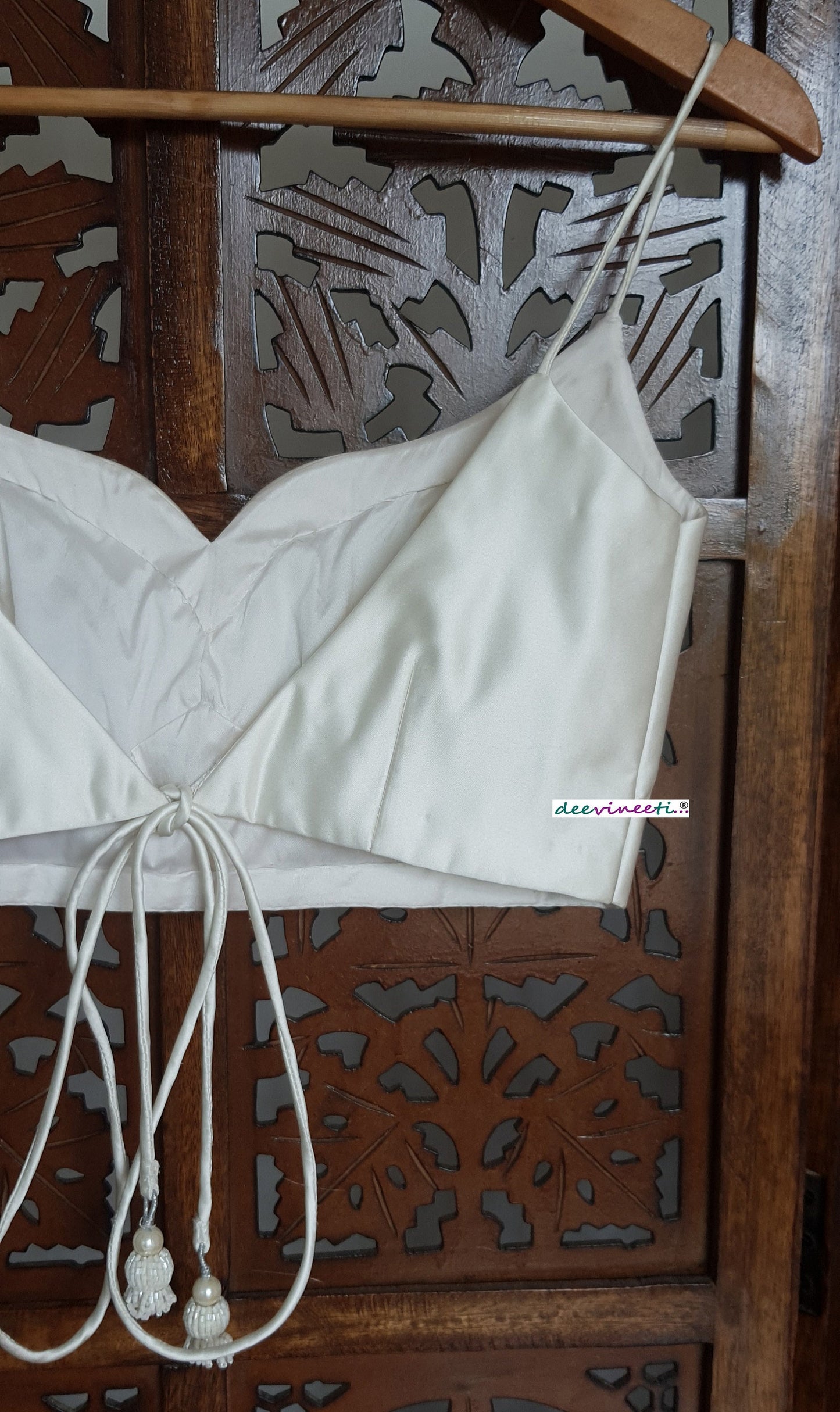 Off White Satin Sweetheart Neck Spaghetti Blouse DVBL_278