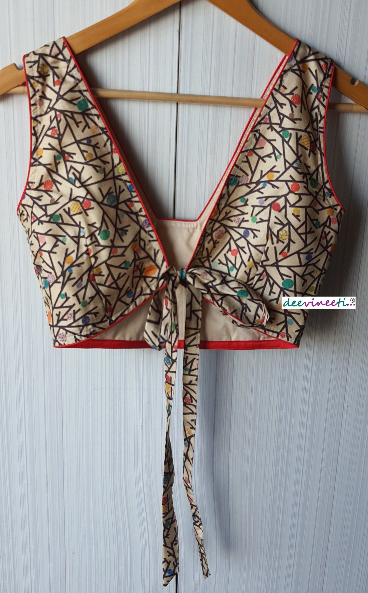 Beige Printed Khadi Silk Blouse Trapeze Neck Blouse DVBL_069