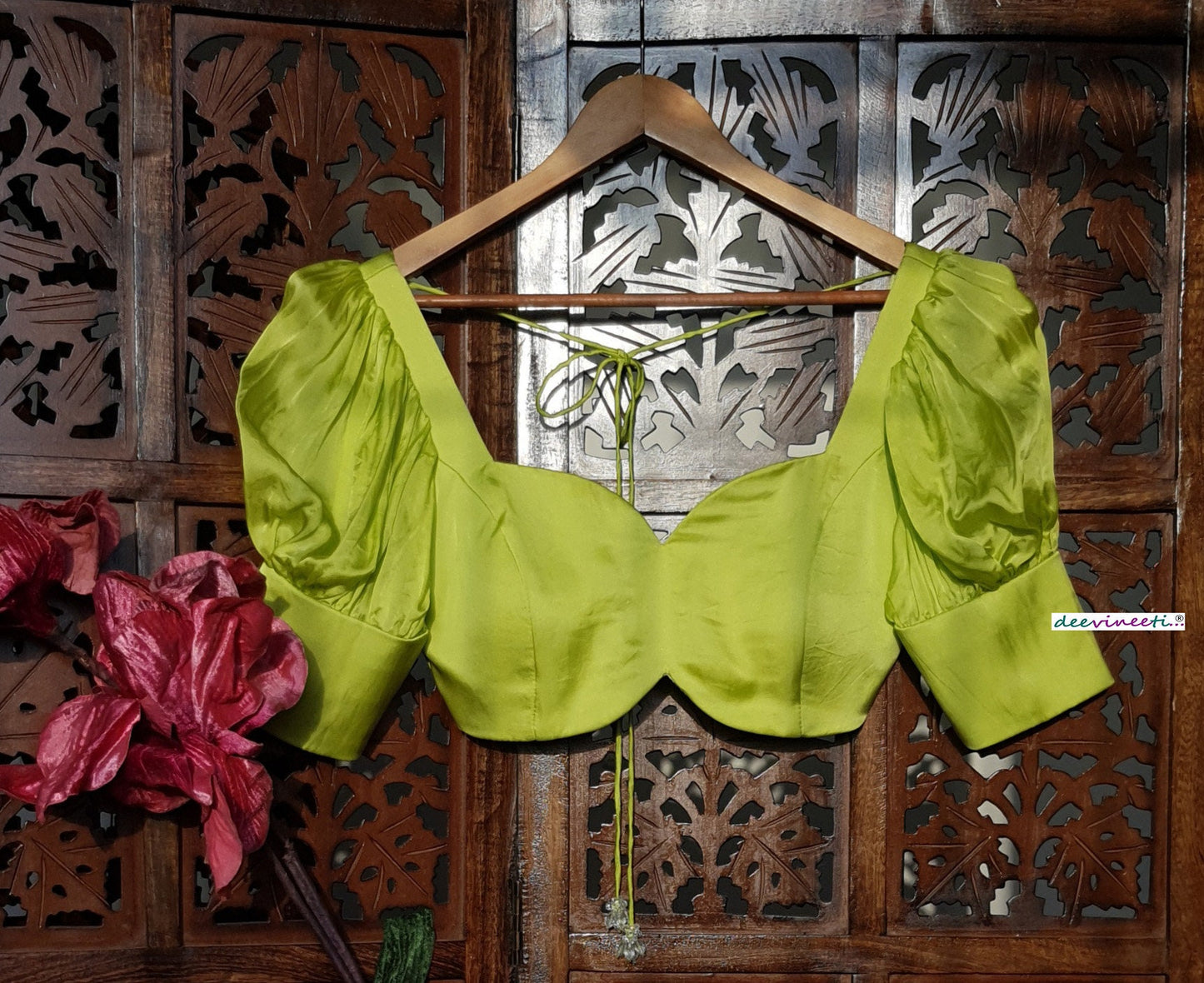 Lime Green Satin Organza Puff Sleeves Blouse DVBL_266