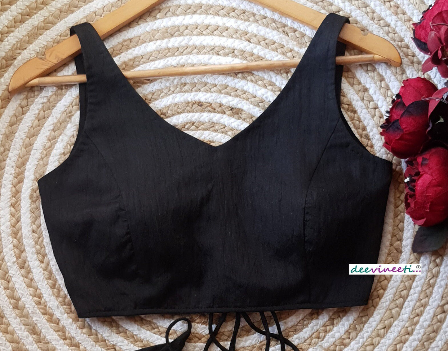 Raw Silk V Neck Open Back Solid Blouse DVBL_118