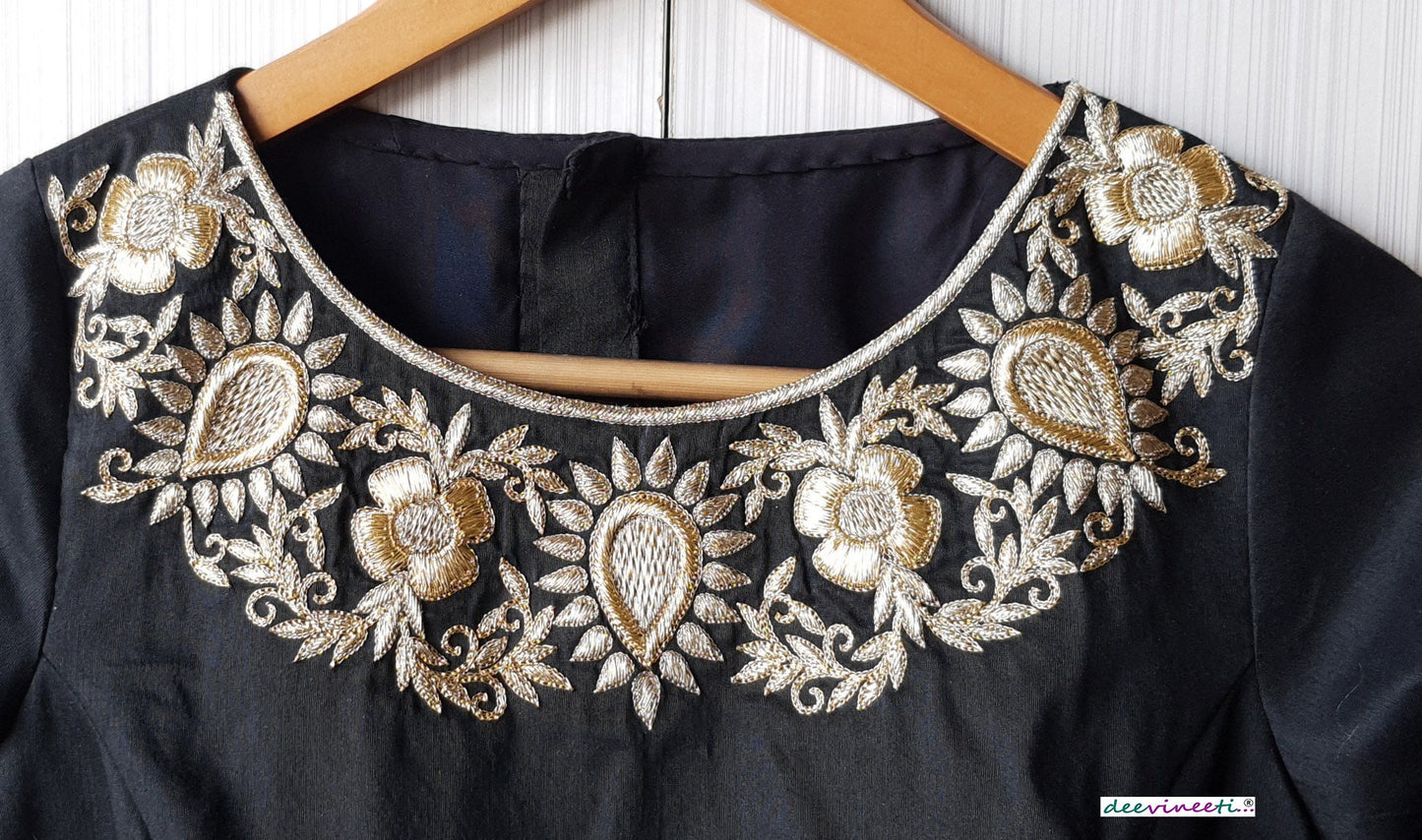 Black Silk Hand Embroidered 3/4th Sleeves Blouse DVBL_236
