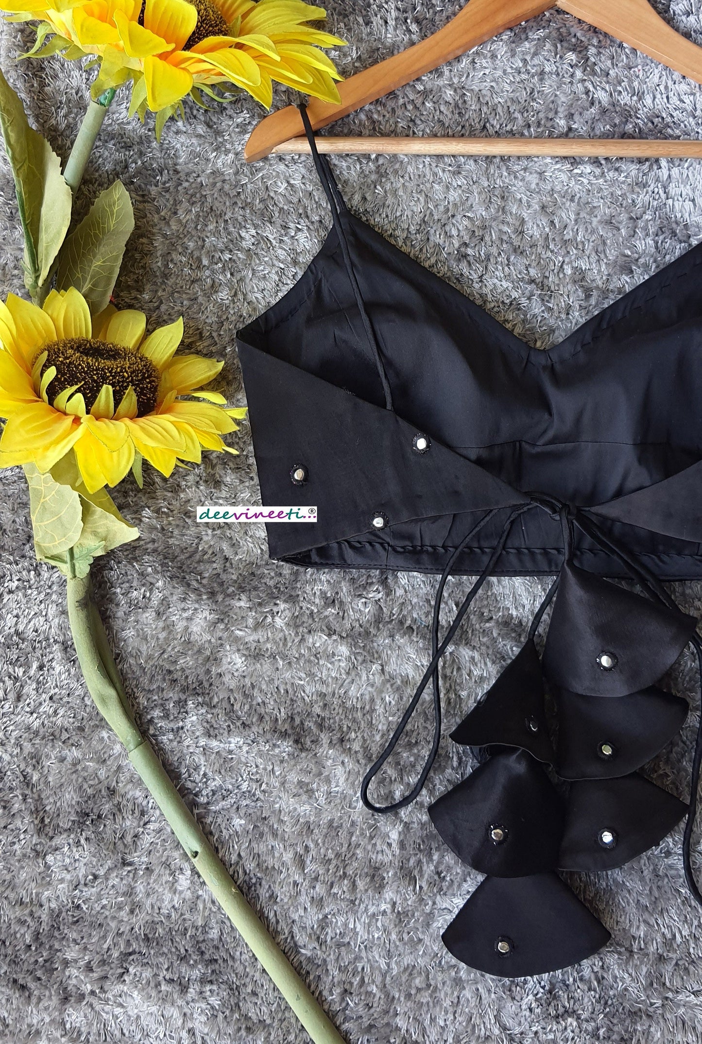 Designer Black Satin Silk Blouse Deep V Spaghetti DVBL_216