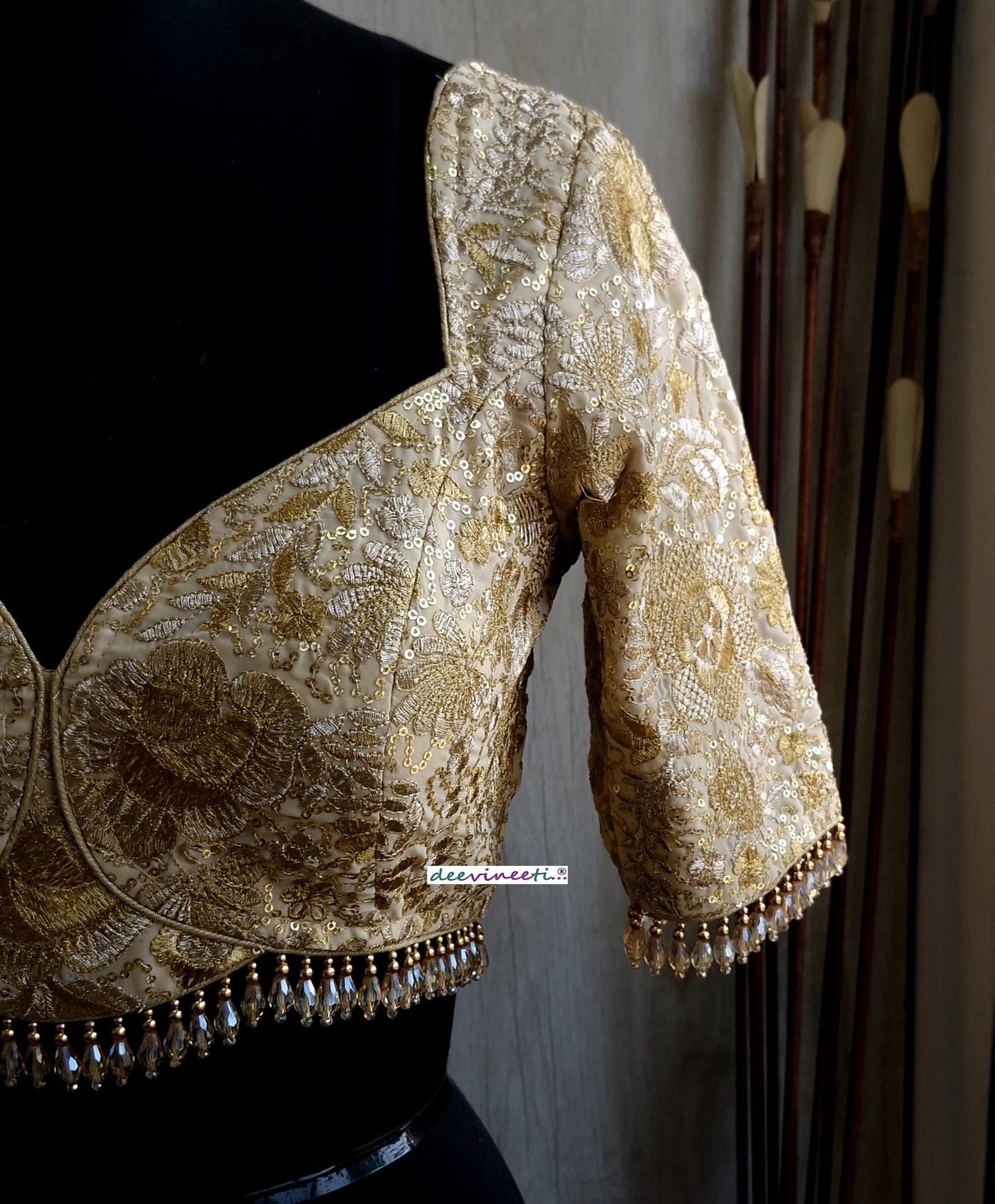 Beige Gold Embroidered Deep Sweetheart Neck Blouse DVBL_380.