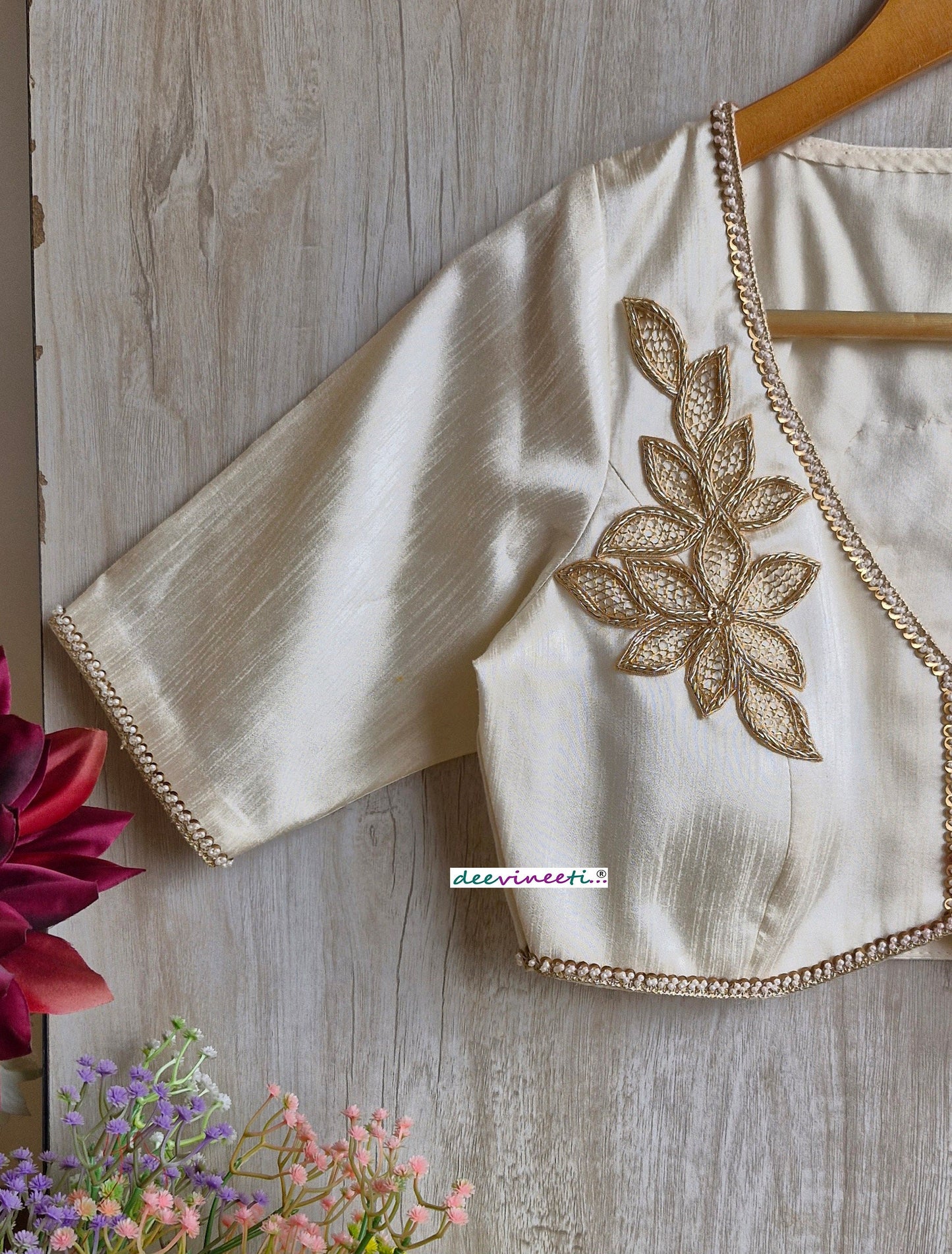Cream Raw Silk Blouse with Applique Embroidery DVBL_322