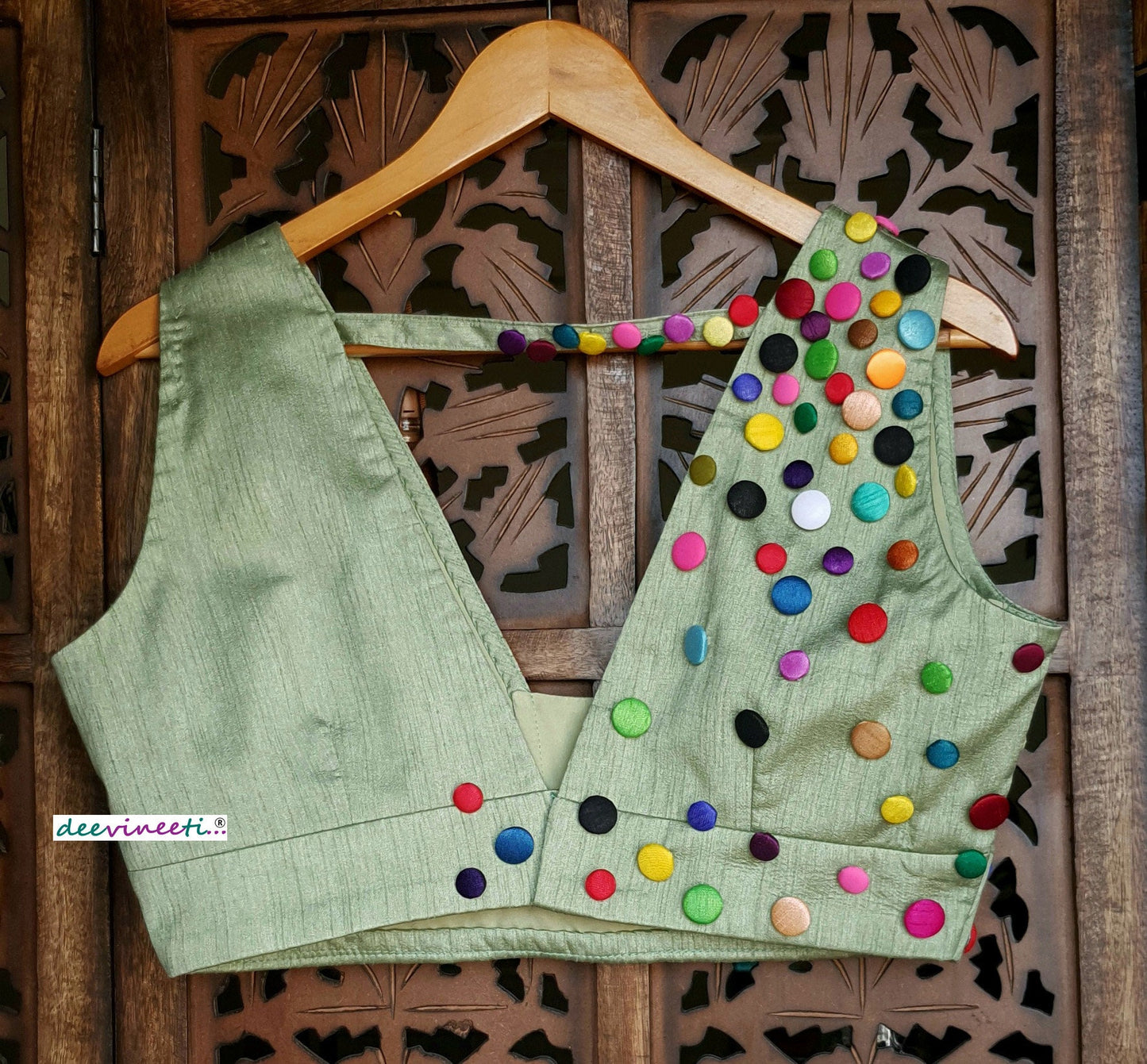 Green Raw Silk Button Embellished Blouse DVBL_135