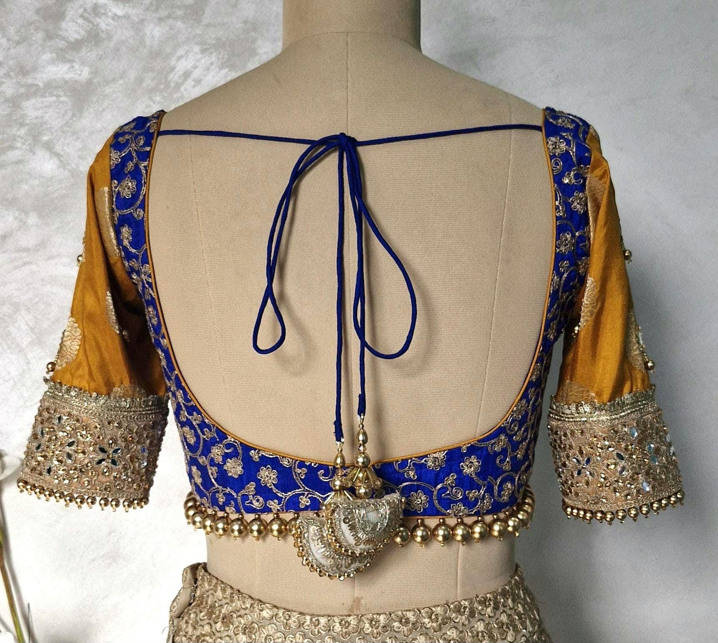 Embroidered Royal Blue and Mustard Blouse Sweetheart Neck DVBL_447
