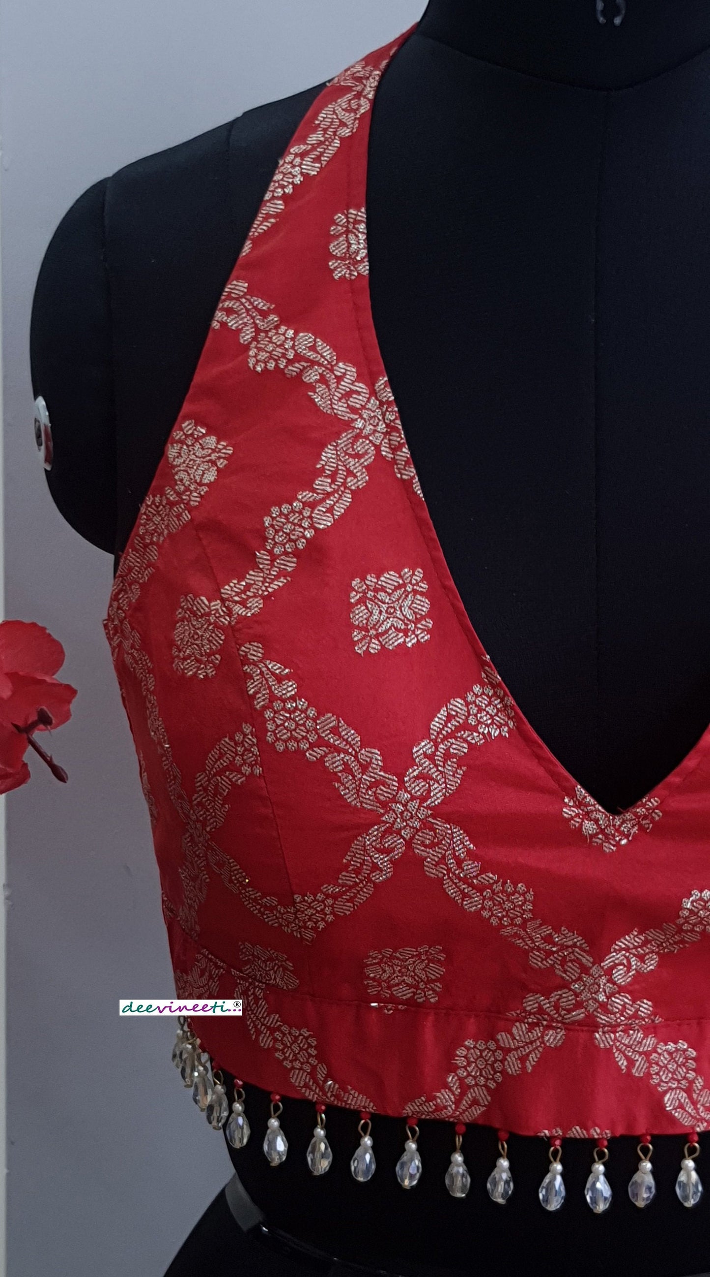 Red Brocade Halter Neck Blouse DVBL_264
