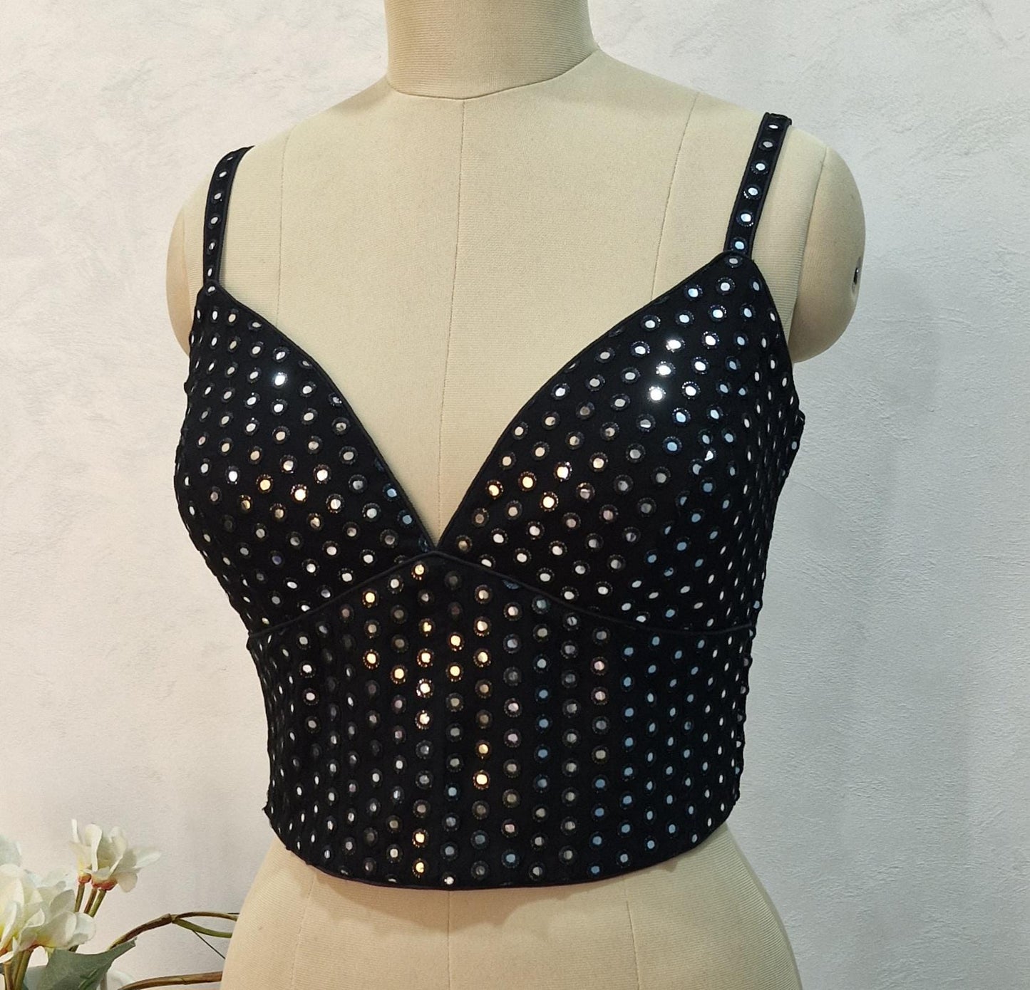 Black Faux Mirror Embroidered Spaghetti Corset Blouse DVCB_007