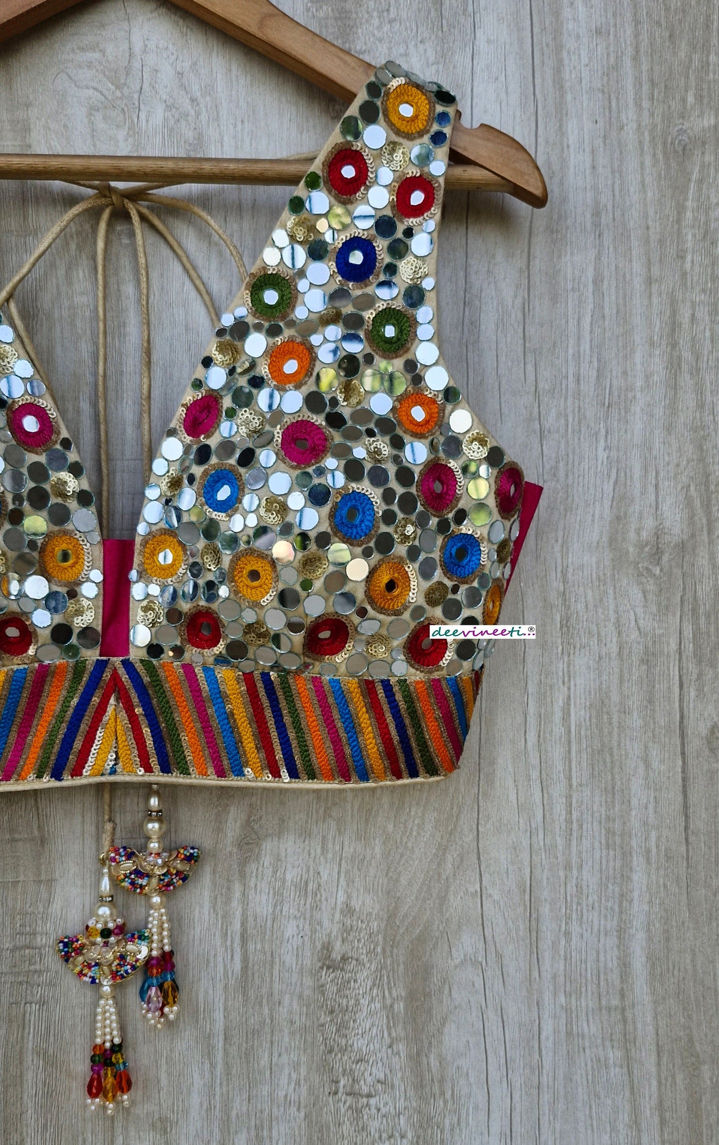 Multicolor Real Mirror Hand Embroidered Plunge Neckline Blouse DVBL_357