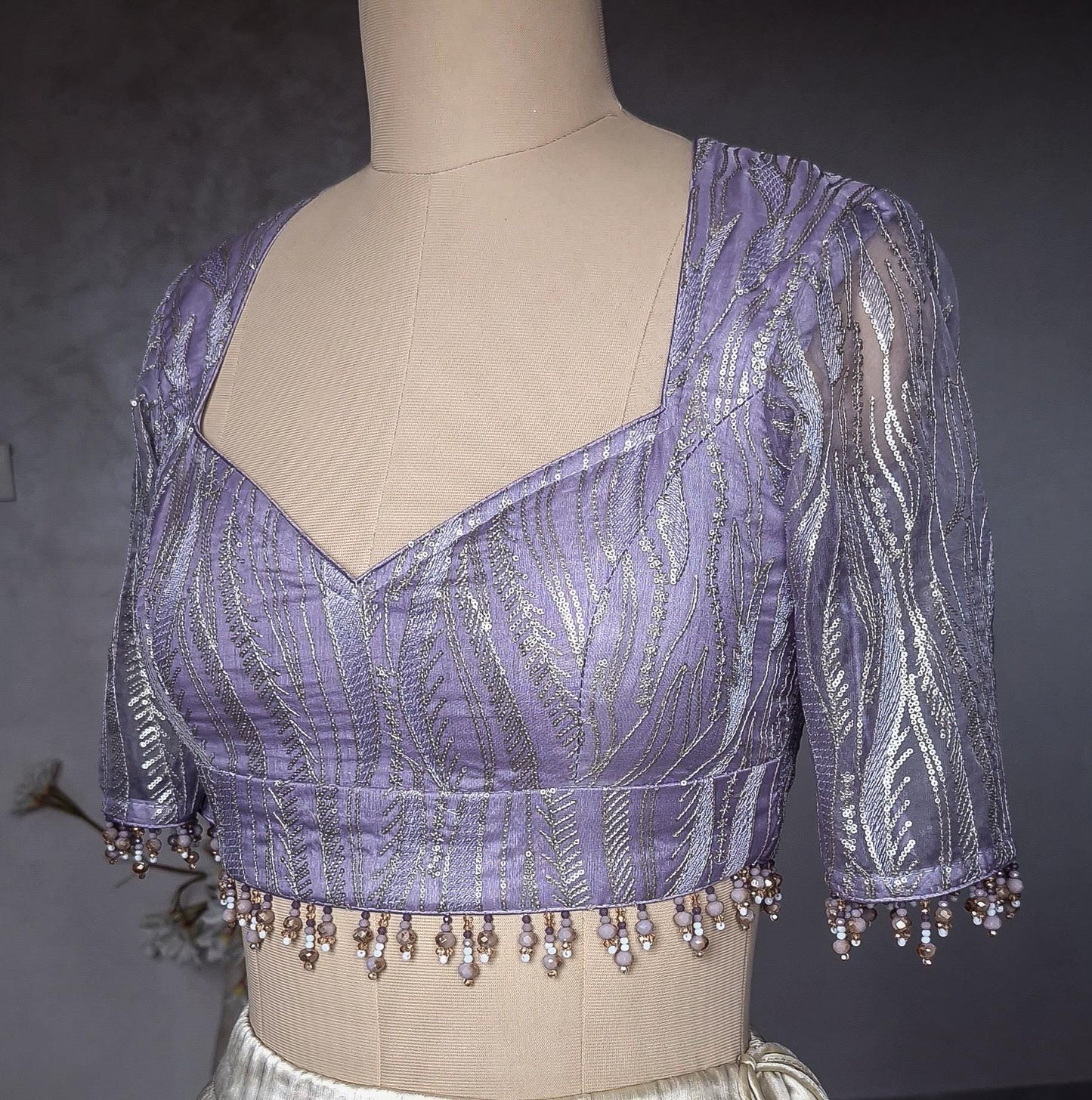 Lavender Embroidered Organza Sweetheart Neck Blouse DVBL_437