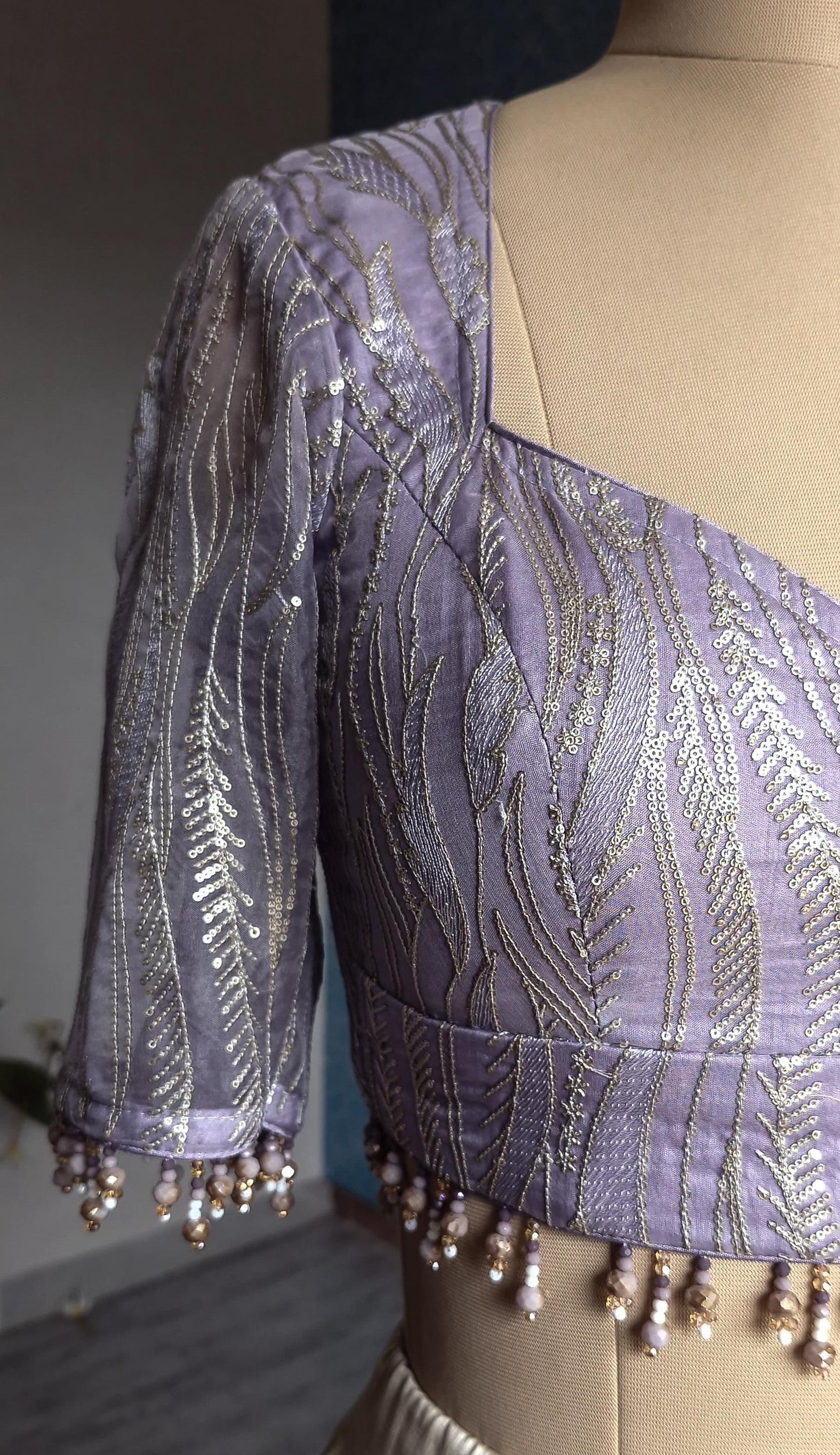 Lavender Embroidered Organza Sweetheart Neck Blouse DVBL_437
