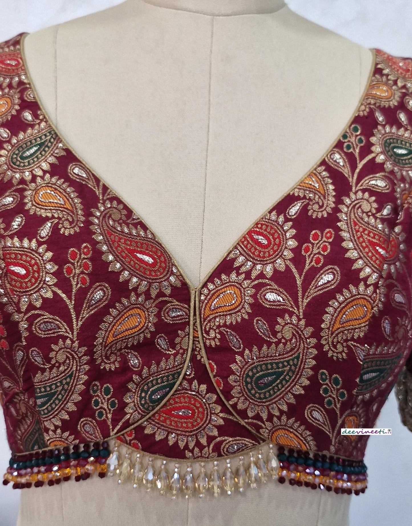 Maroon Brocade Deep Sweetheart Neck Half Sleeves Blouse DVBL_403
