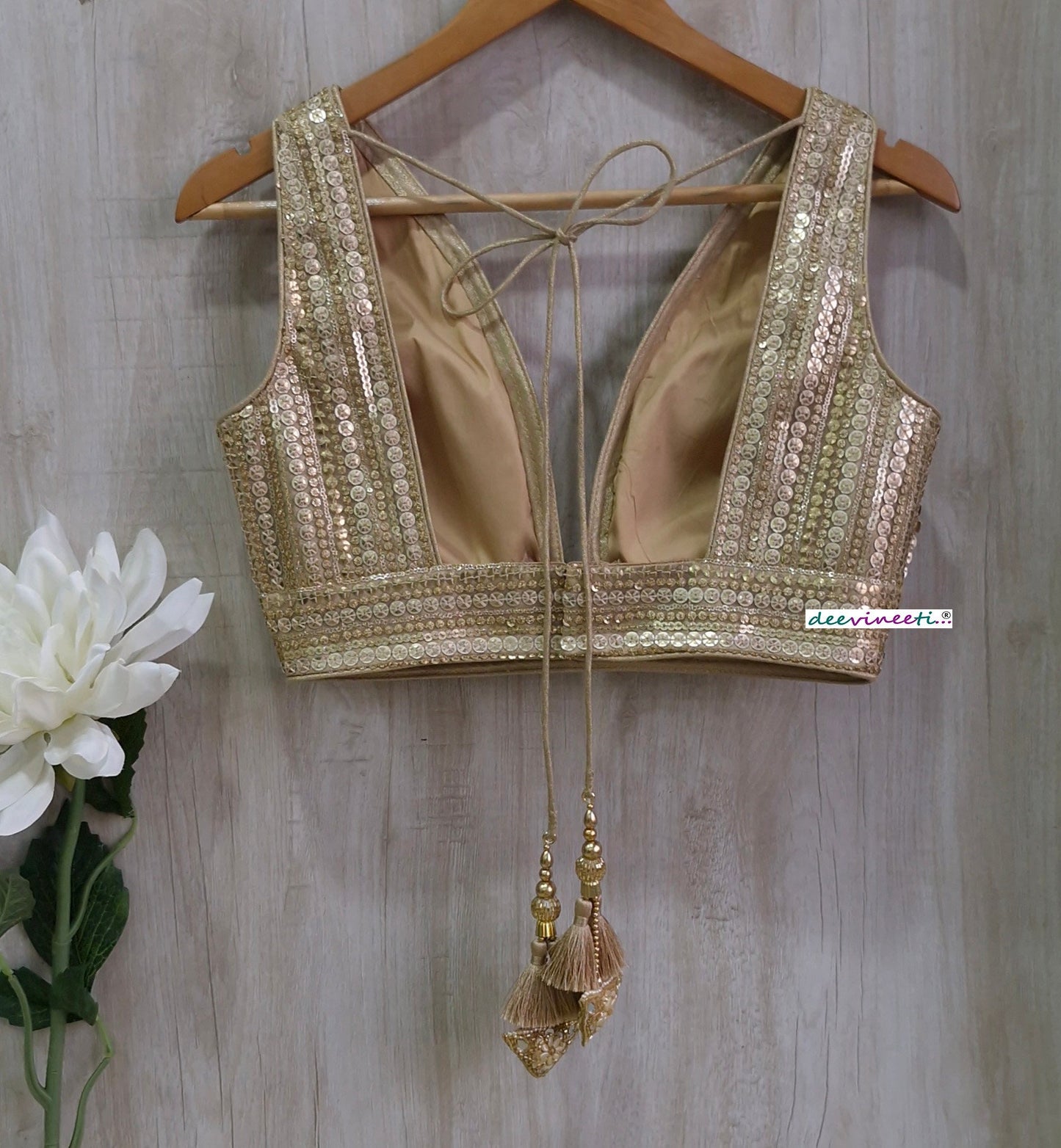 Gold Sequins Embroidered Plunge Neckline Blouse DVBL_363