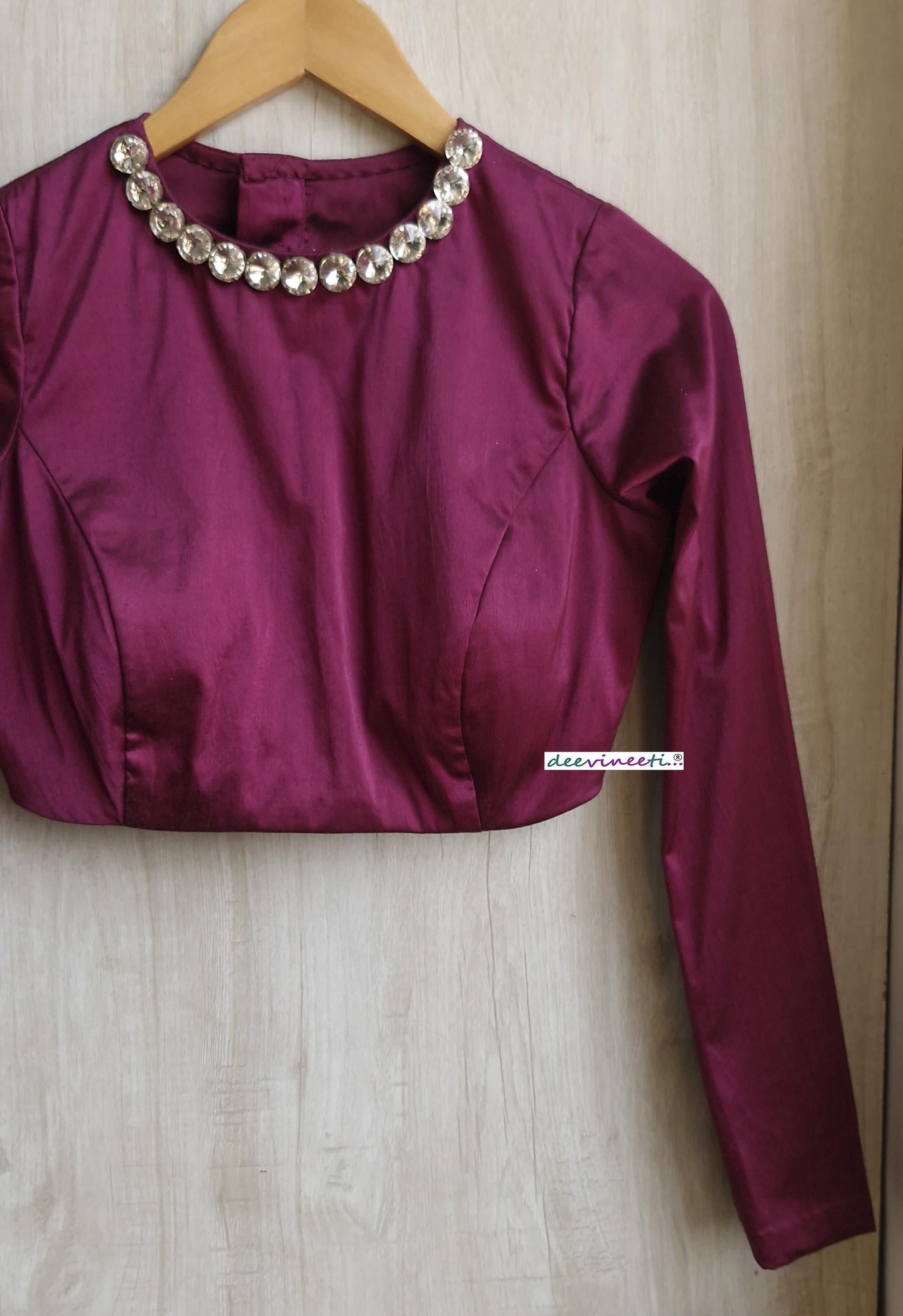 Purple Wine Lycra Satin Jewel Neck Blouse DVBL_391