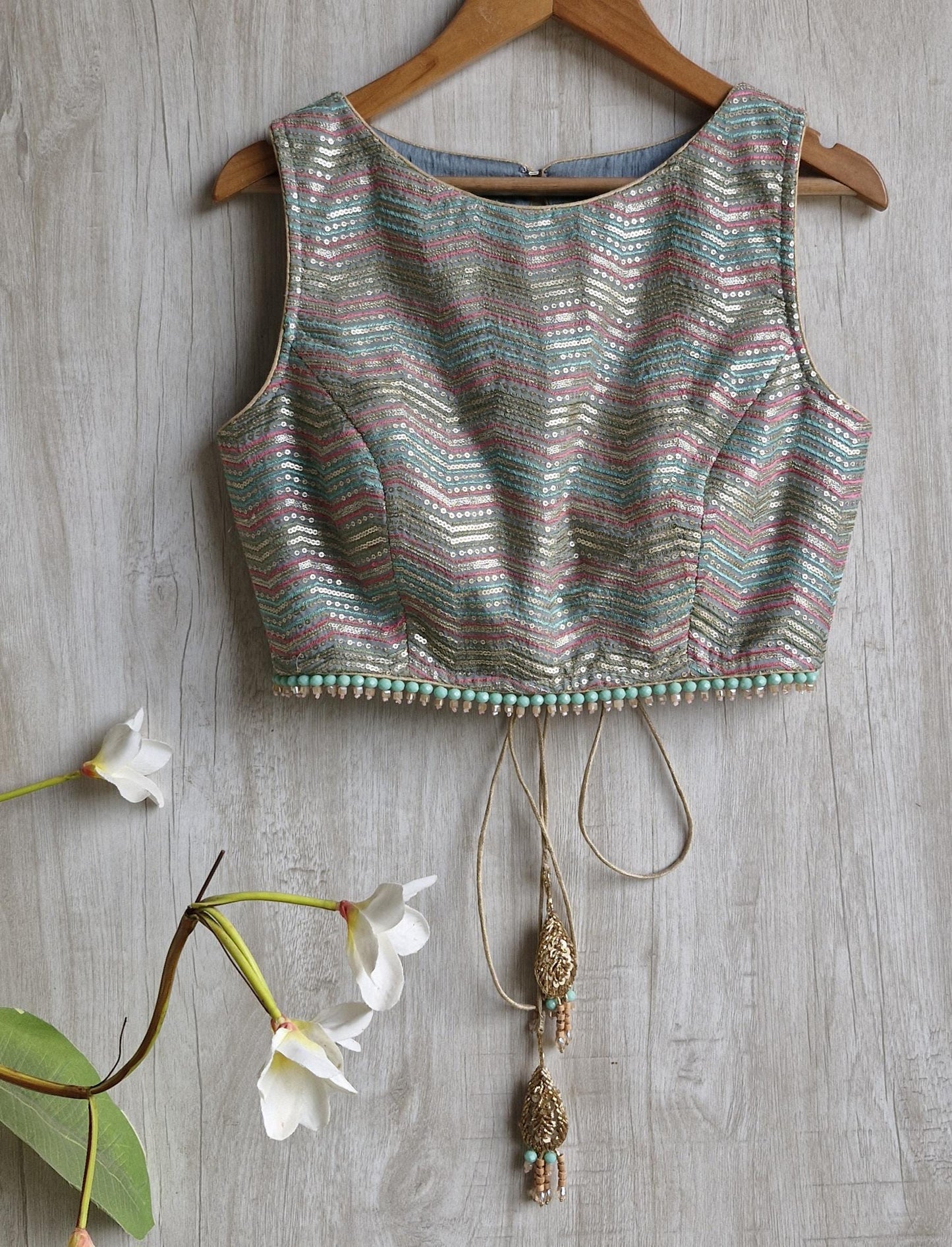 Multicolor Embroidered Grey Blouse Boat Neck Blouse DVBL_452