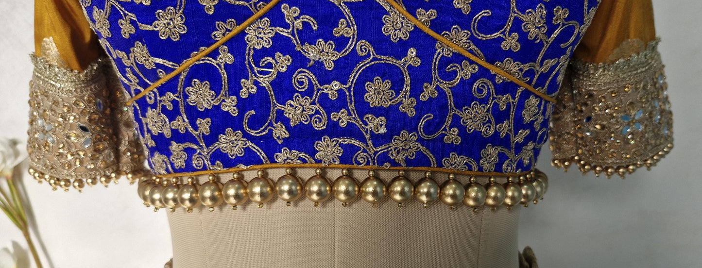 Embroidered Royal Blue and Mustard Blouse Sweetheart Neck DVBL_447