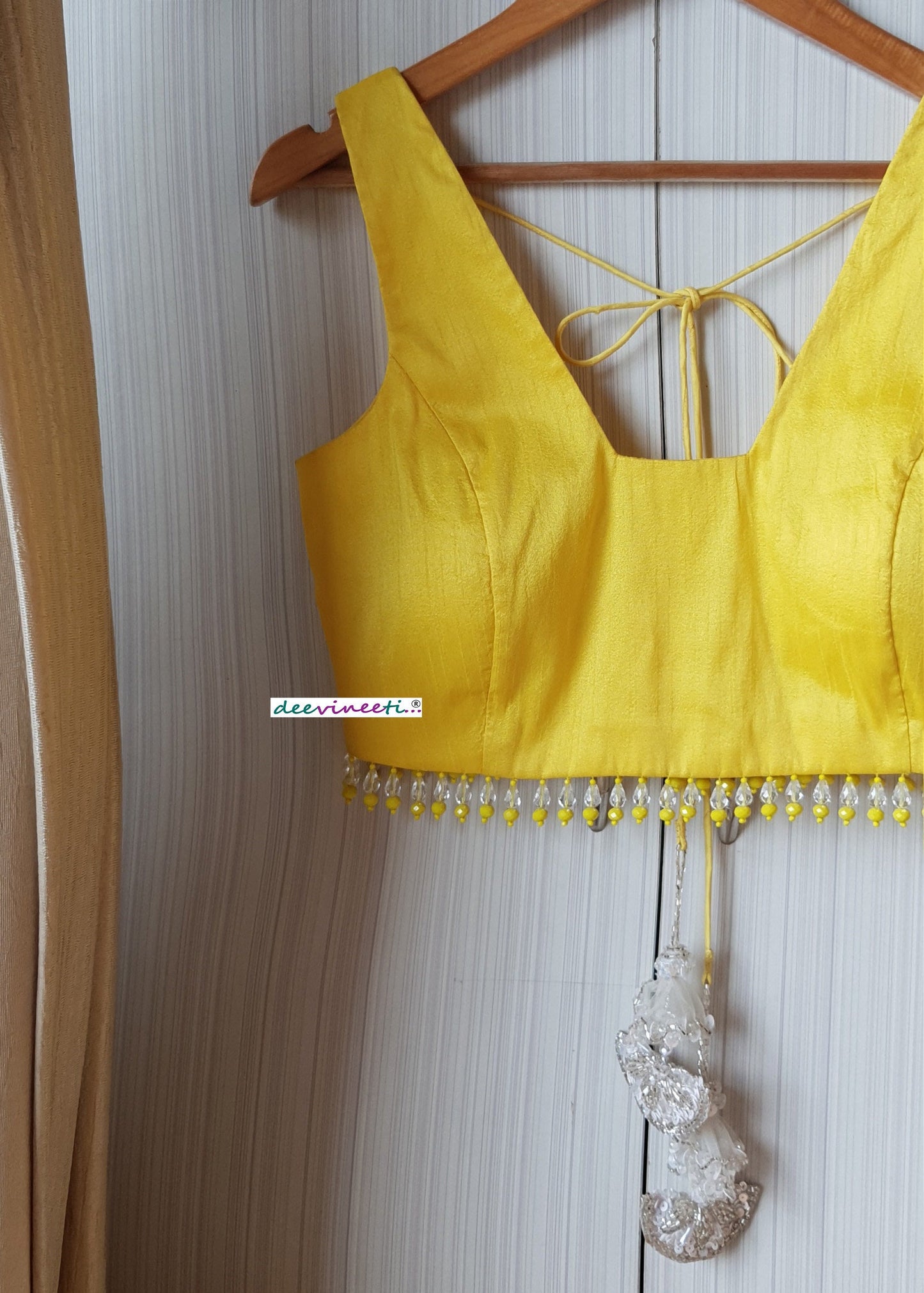 Designer Yellow Raw Silk Trapeze Neck Blouse with Beads Fringes DVBL_207