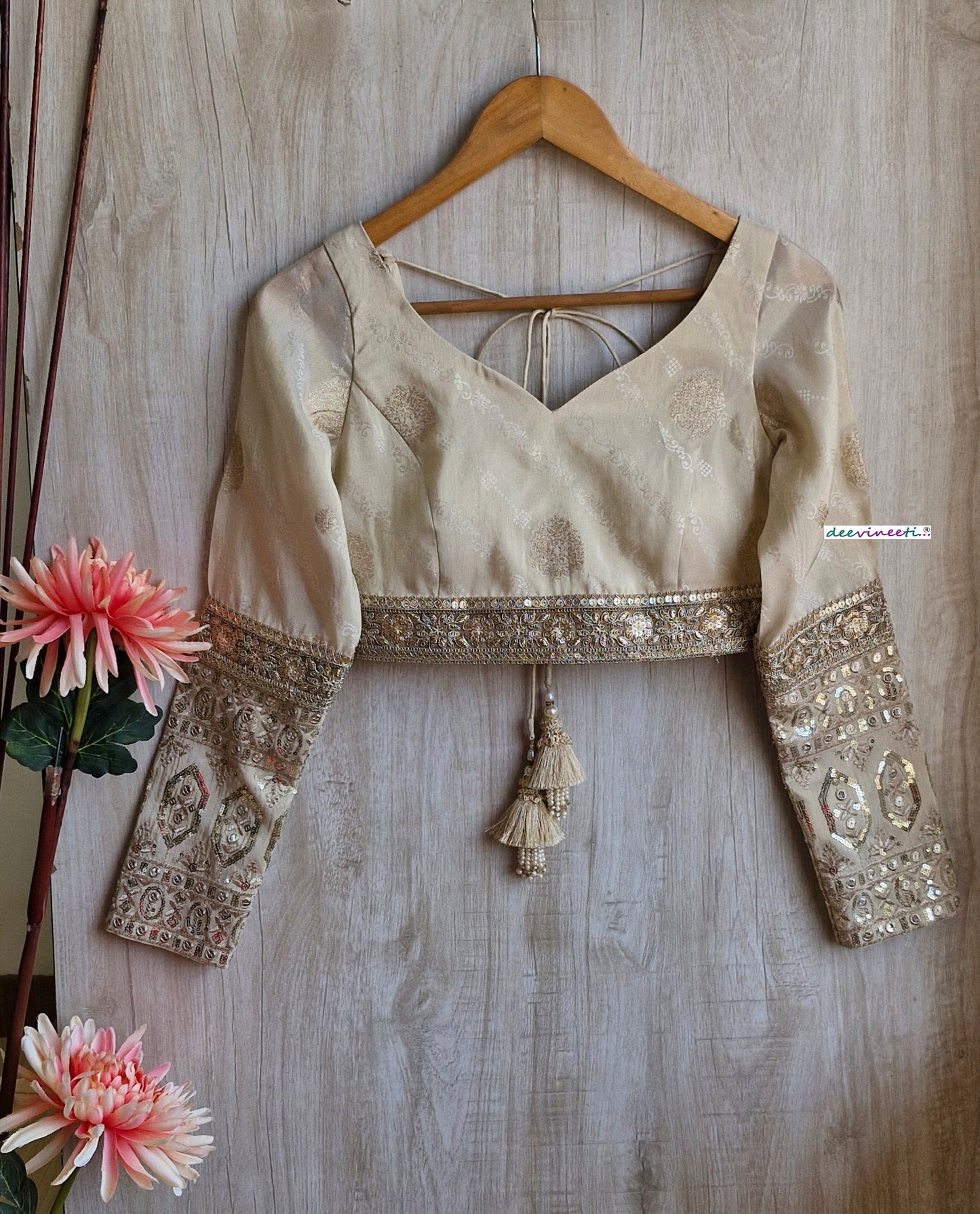 Light Beige Tissue Brocade Long Sleeves Blouse DVBL_323