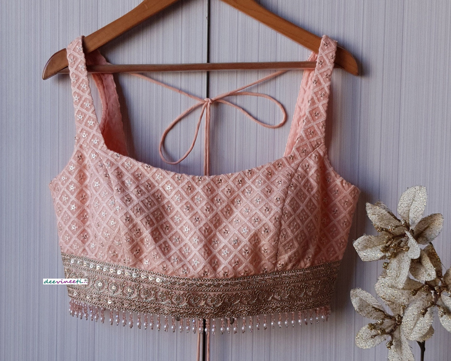Peach Embroidered Broad U Neck Blouse DVBL_229