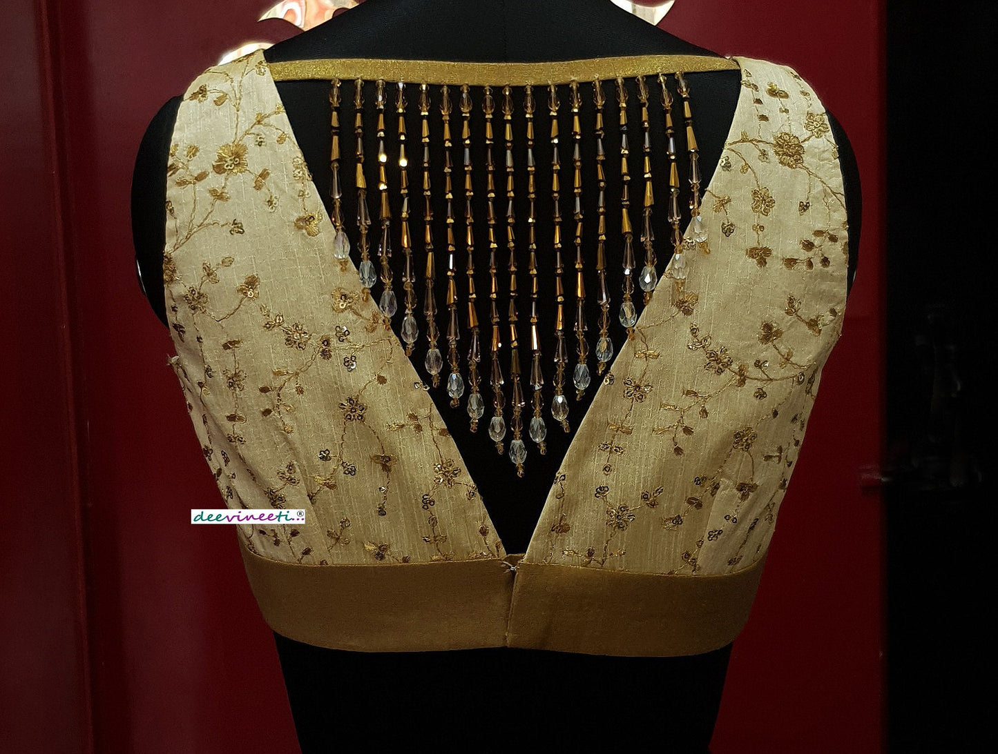 Cream Gold Embroidered Deep V Neck Blouse DVBL_253