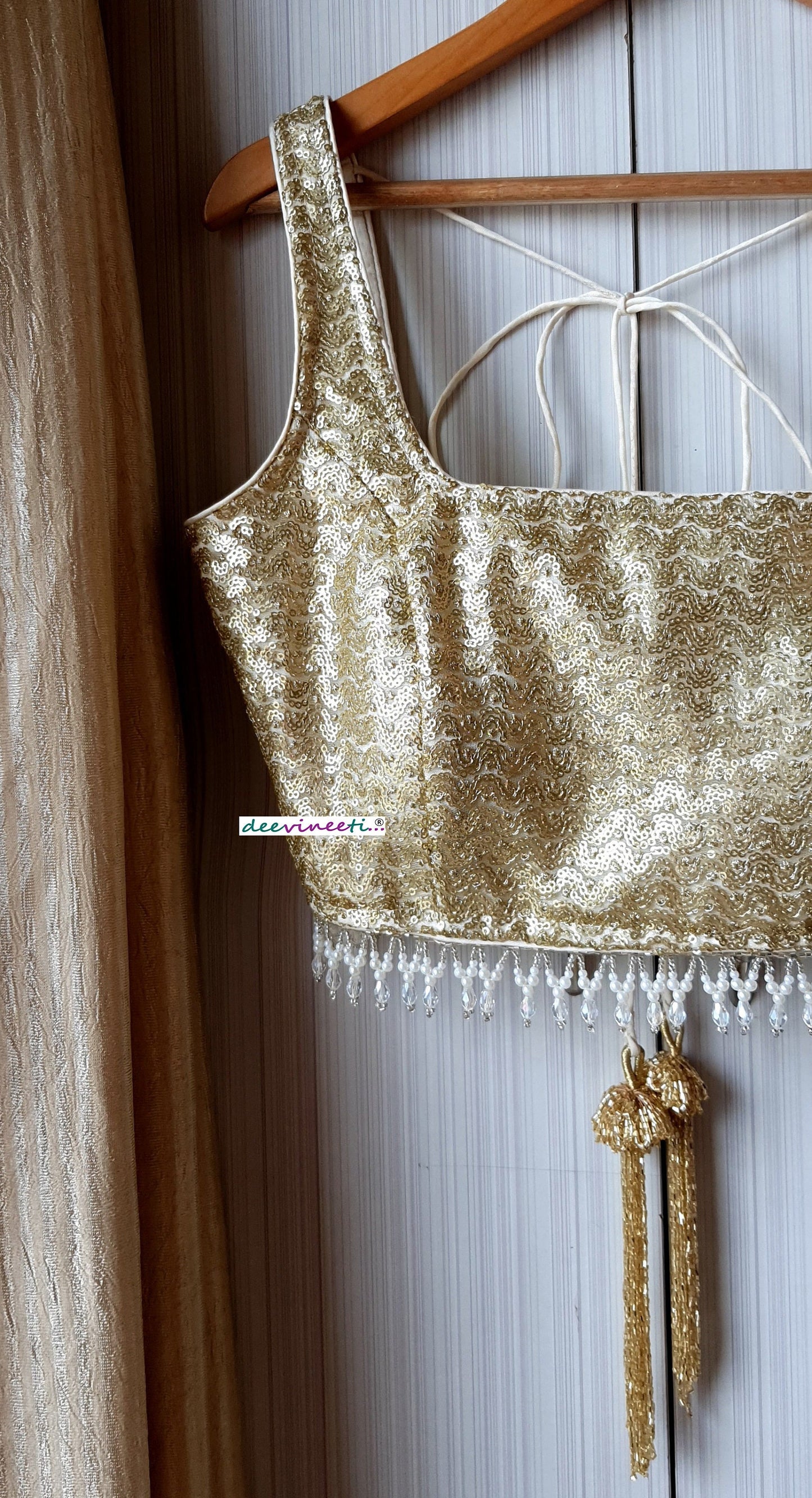 Gold Sequins Embroidered Net Square Neck Blouse DVBL_198