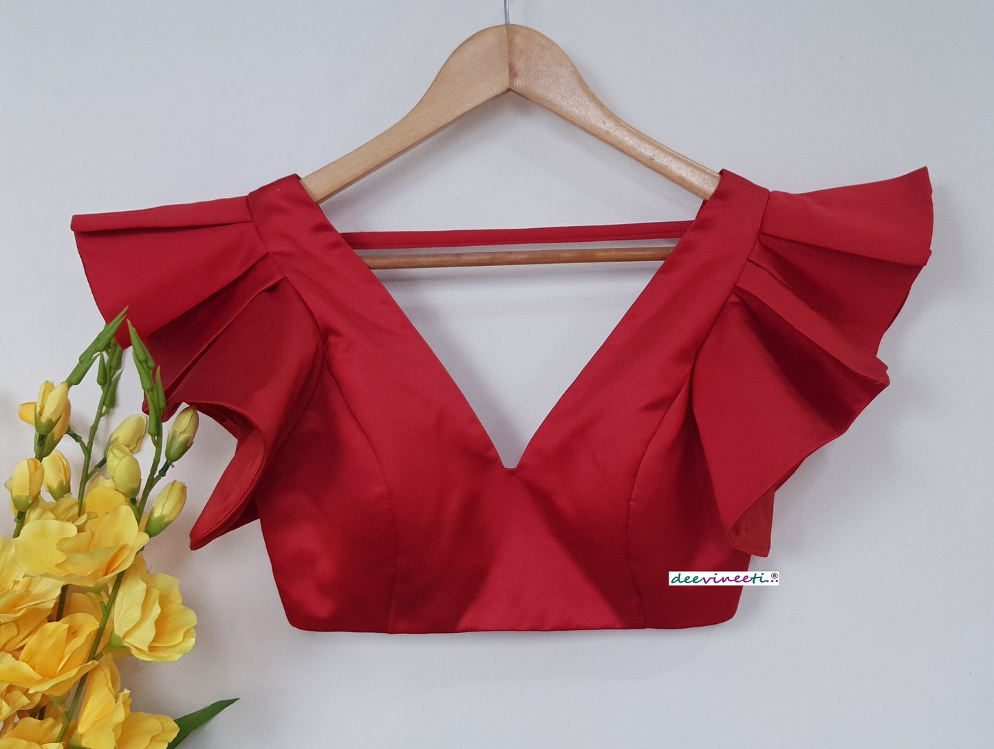 Red Satin Deep V Neck Ruffled Sleeves Blouse DVBL_265