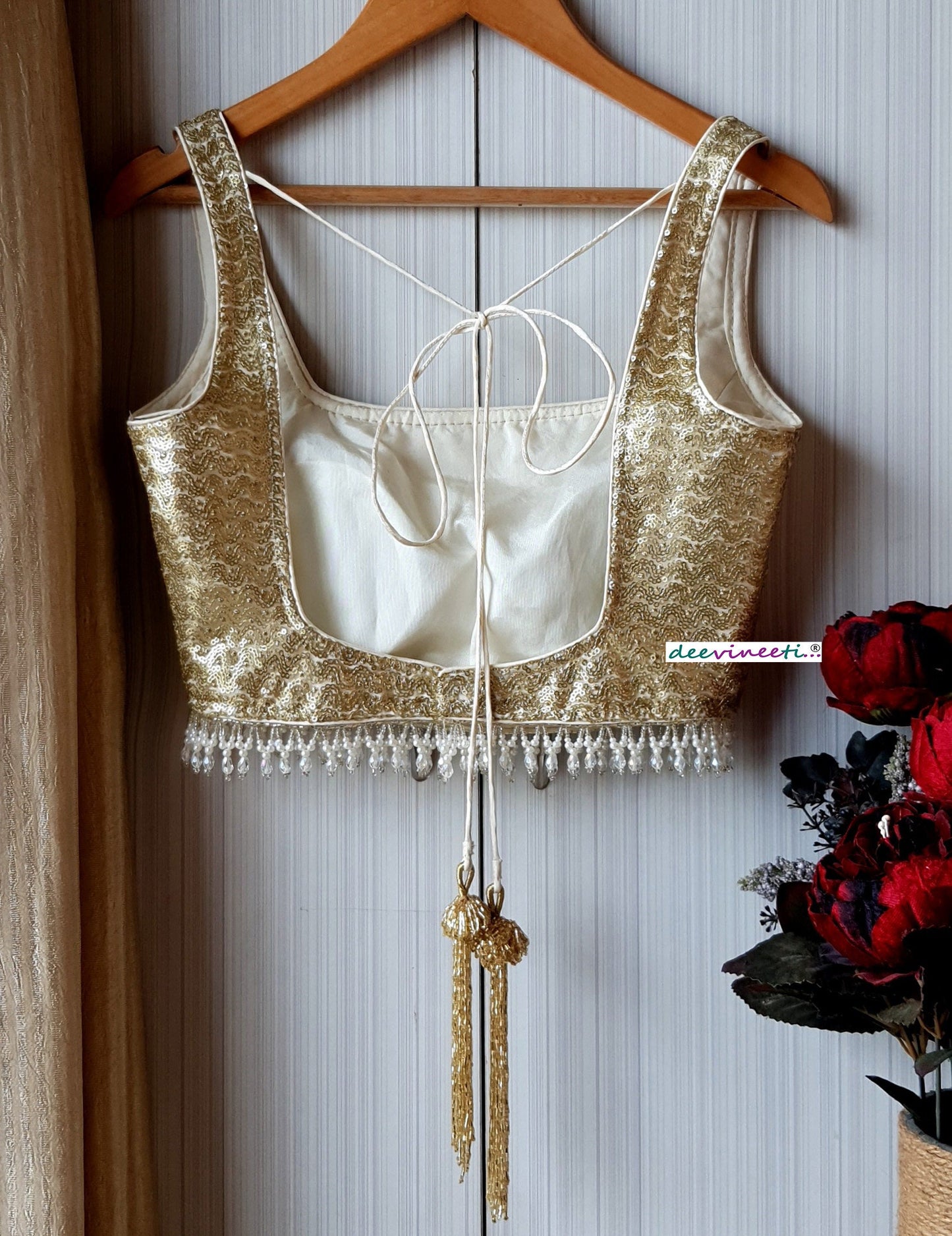 Gold Sequins Embroidered Net Square Neck Blouse DVBL_198