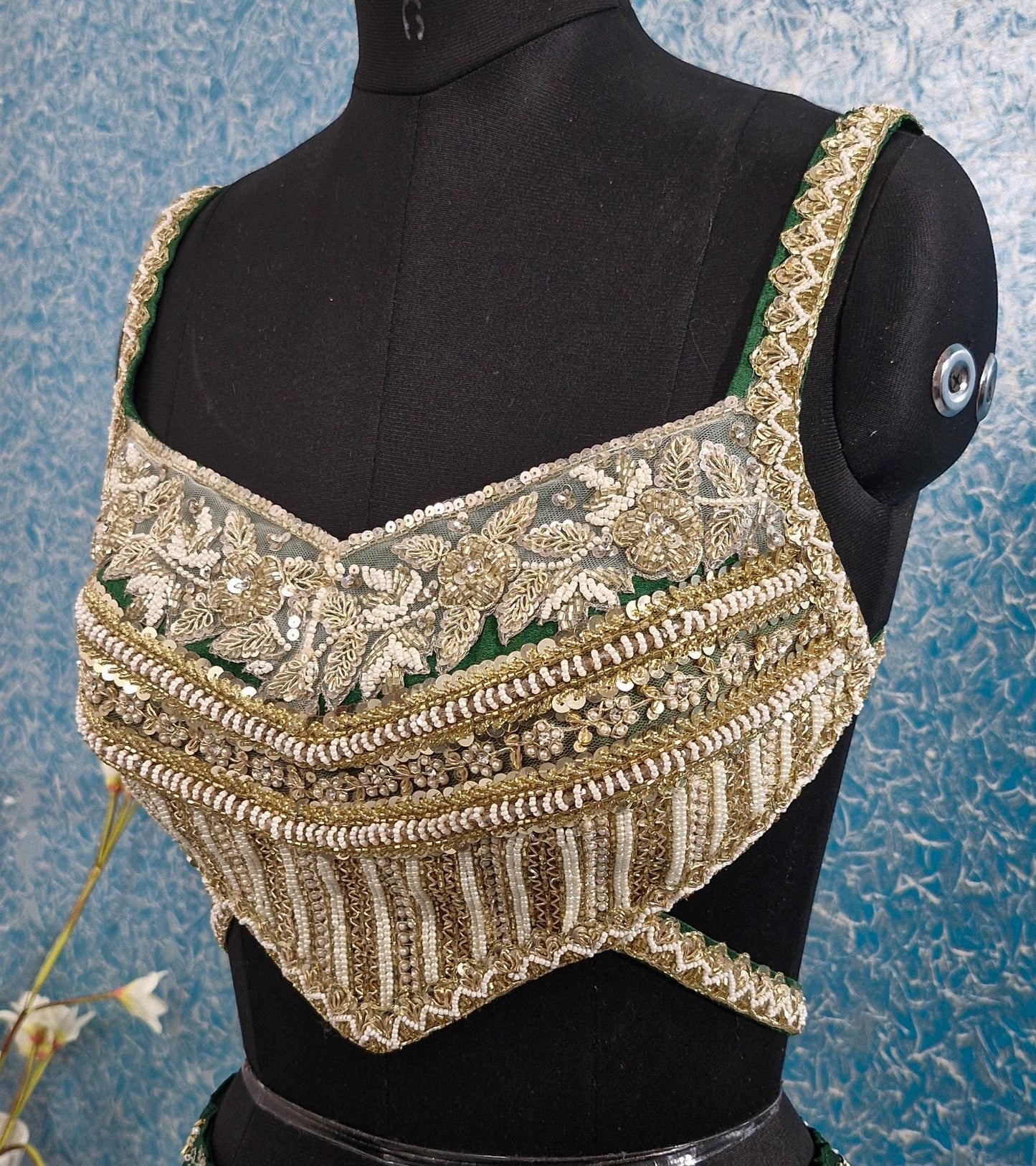 Hand Embroidered Green Raw Silk Backless Blouse DVBL_433