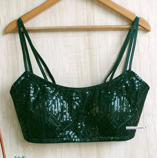 Bottle Green Sequins Embroidered Spaghetti Blouse DVBL_378