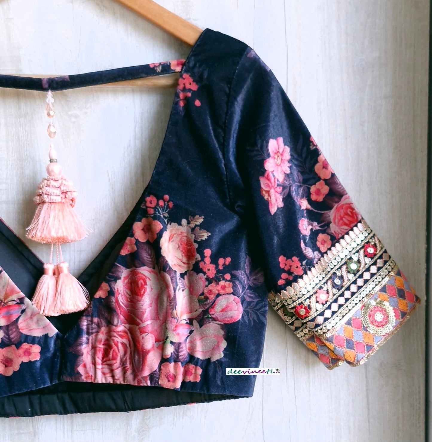 Deep Blue Floral Print Velvet V Neck Blouse DVBL_348.