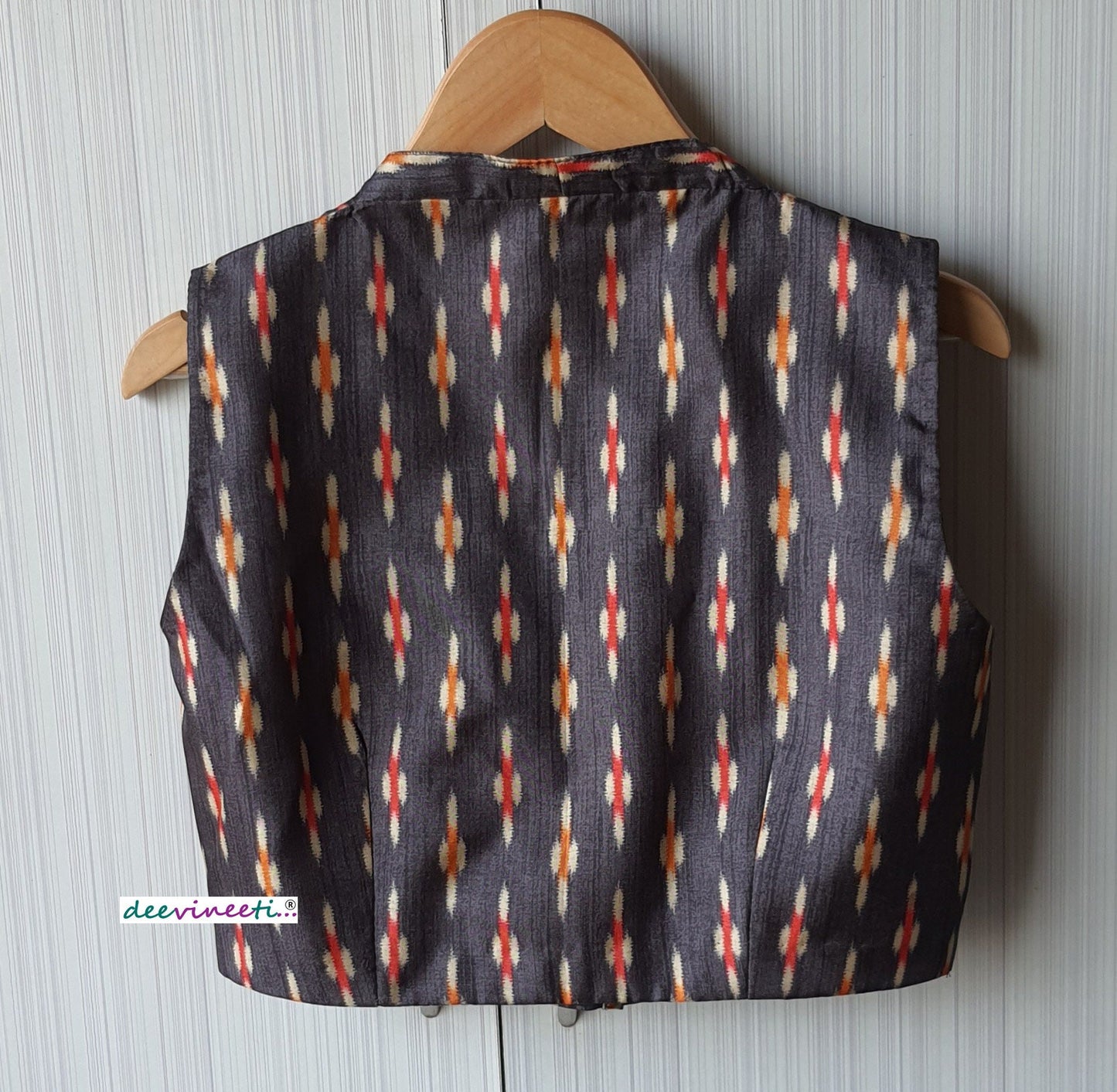 Grey Ikat Print Khadi Silk Plunge Neck Blouse DVBL_072
