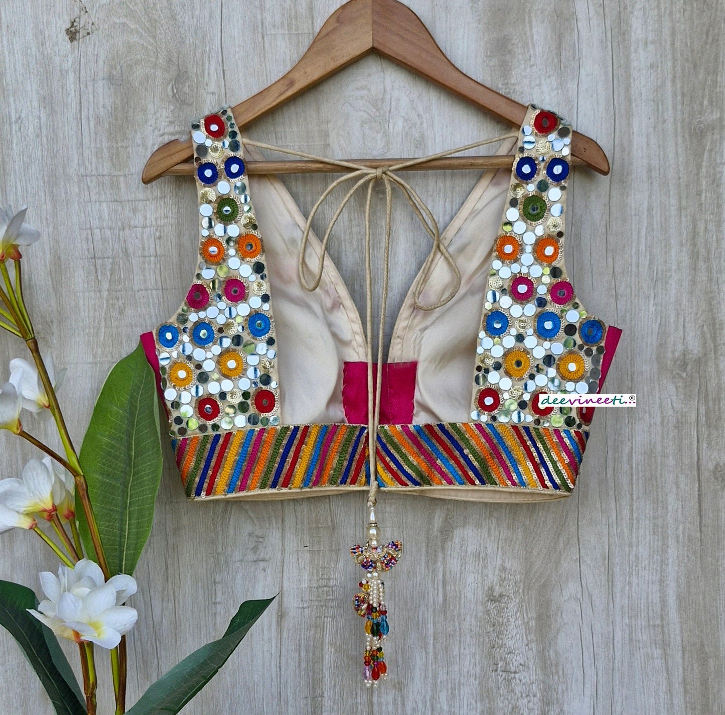 Multicolor Real Mirror Hand Embroidered Plunge Neckline Blouse DVBL_357