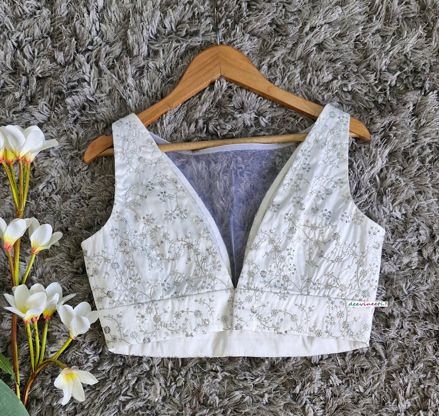 White Embroidered Silk Boat Neck Blouse DVBL_344