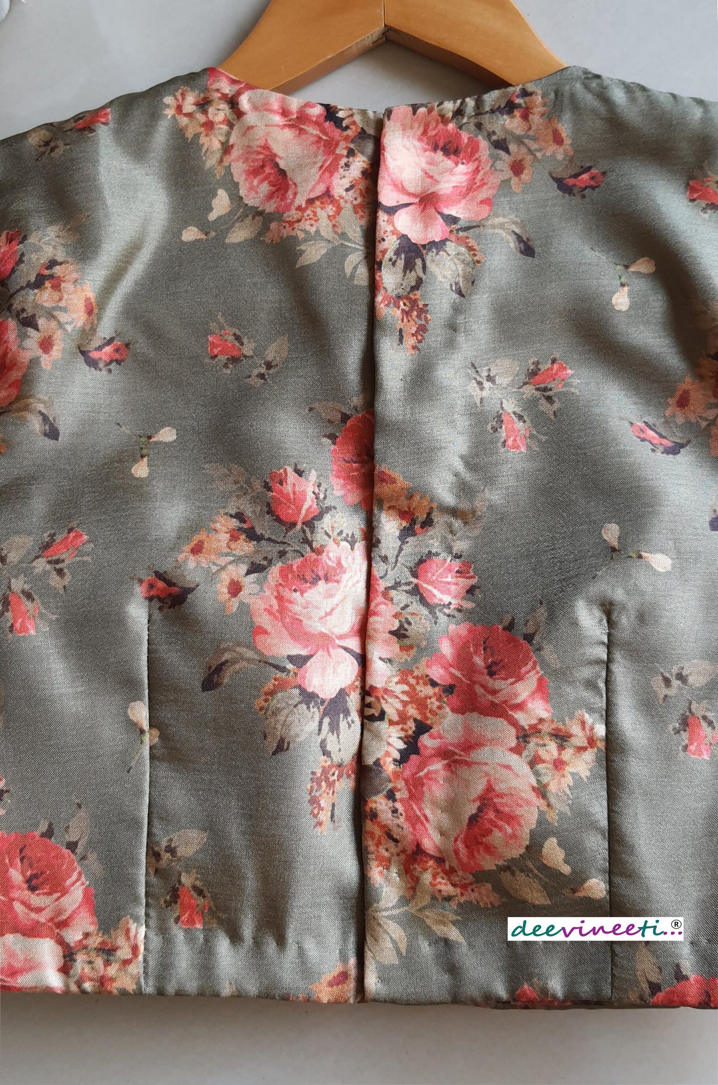Floral Print Green Khadi Silk Jewel Neck Blouse DVBL_067