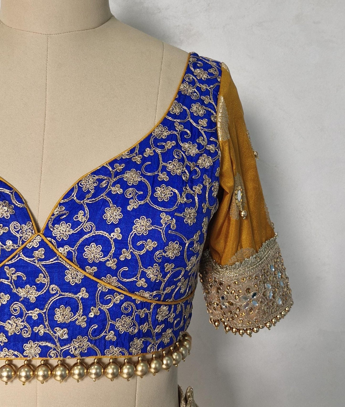 Embroidered Royal Blue and Mustard Blouse Sweetheart Neck DVBL_447