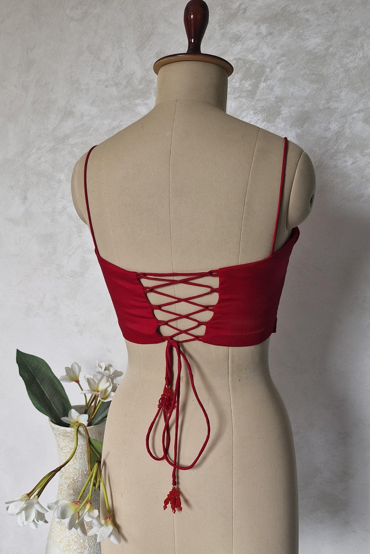 Cherry Red Organza Spaghetti Corset Blouse DVCB_005