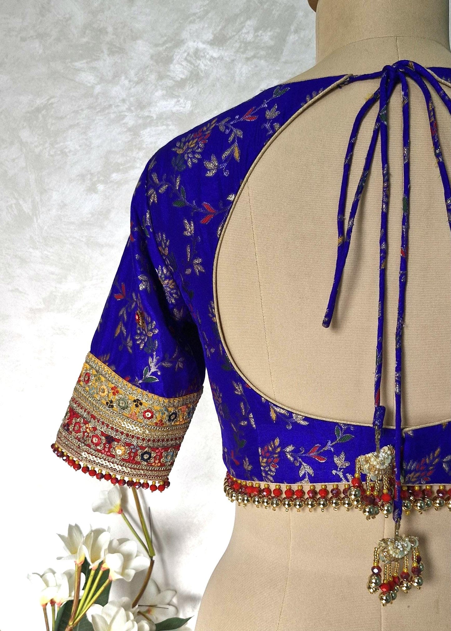 Blue Red Brocade Silk Sweetheart Neckline Blouse DVBL_448