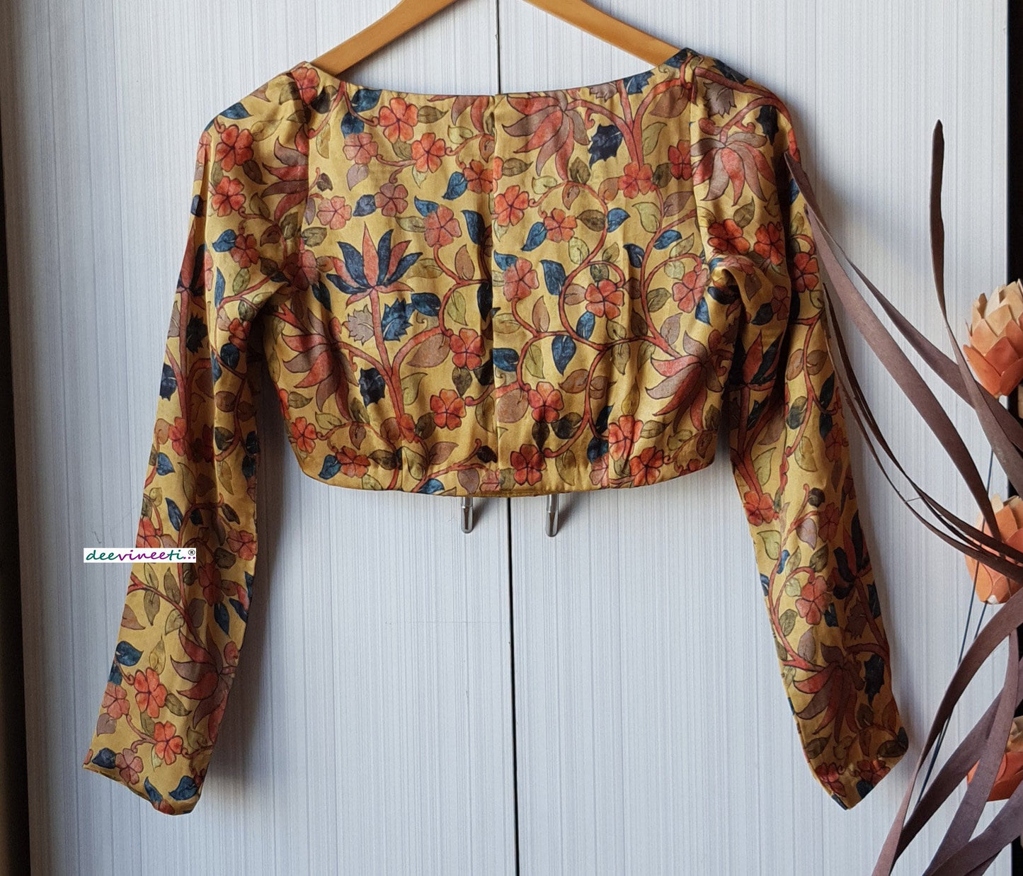 Medallion Yellow Printed Satin Silk Long Sleeves Blouse DVBL_226