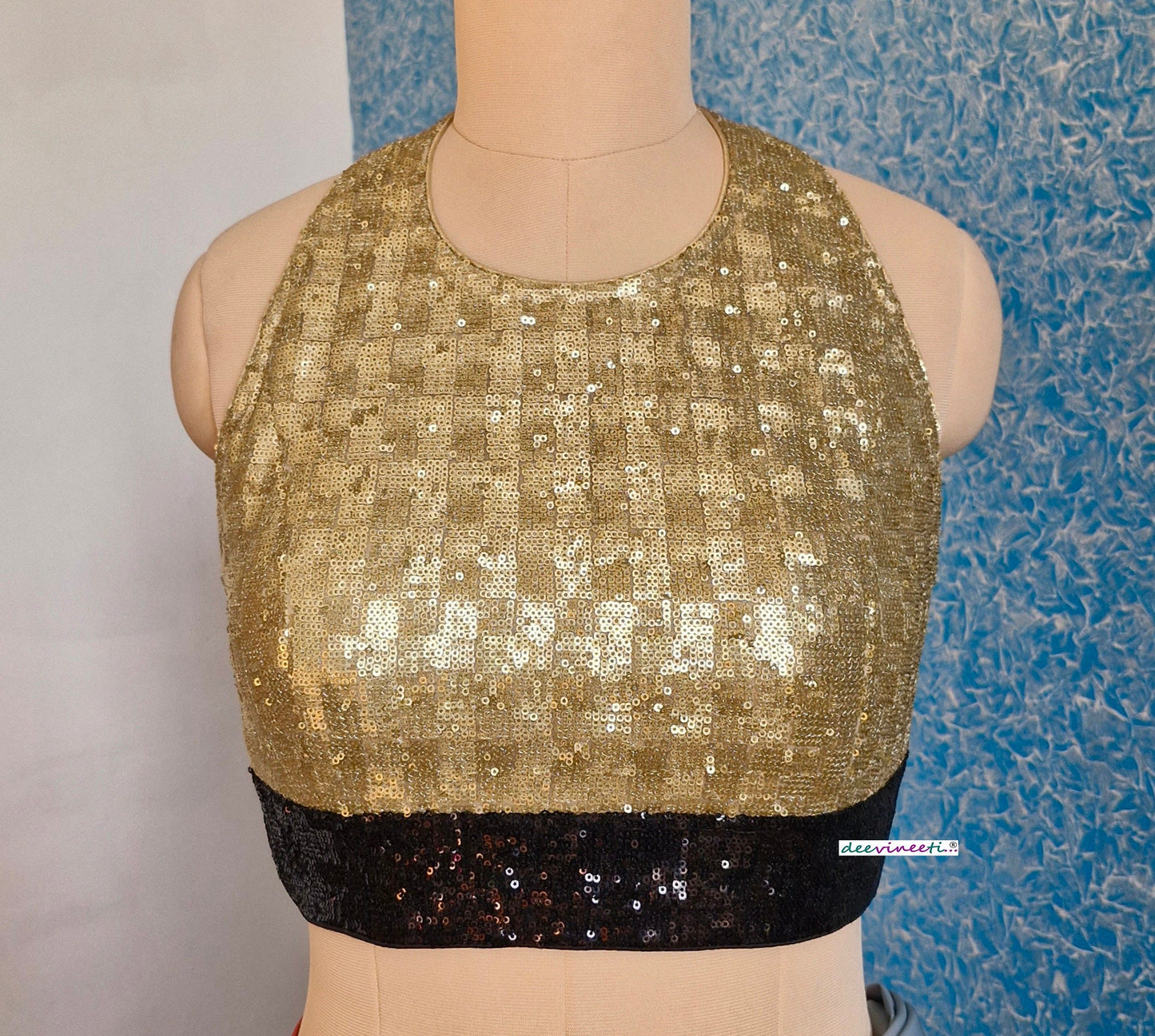 Gold and Black Sequins Halter Neck Backless Blouse DVBL_337