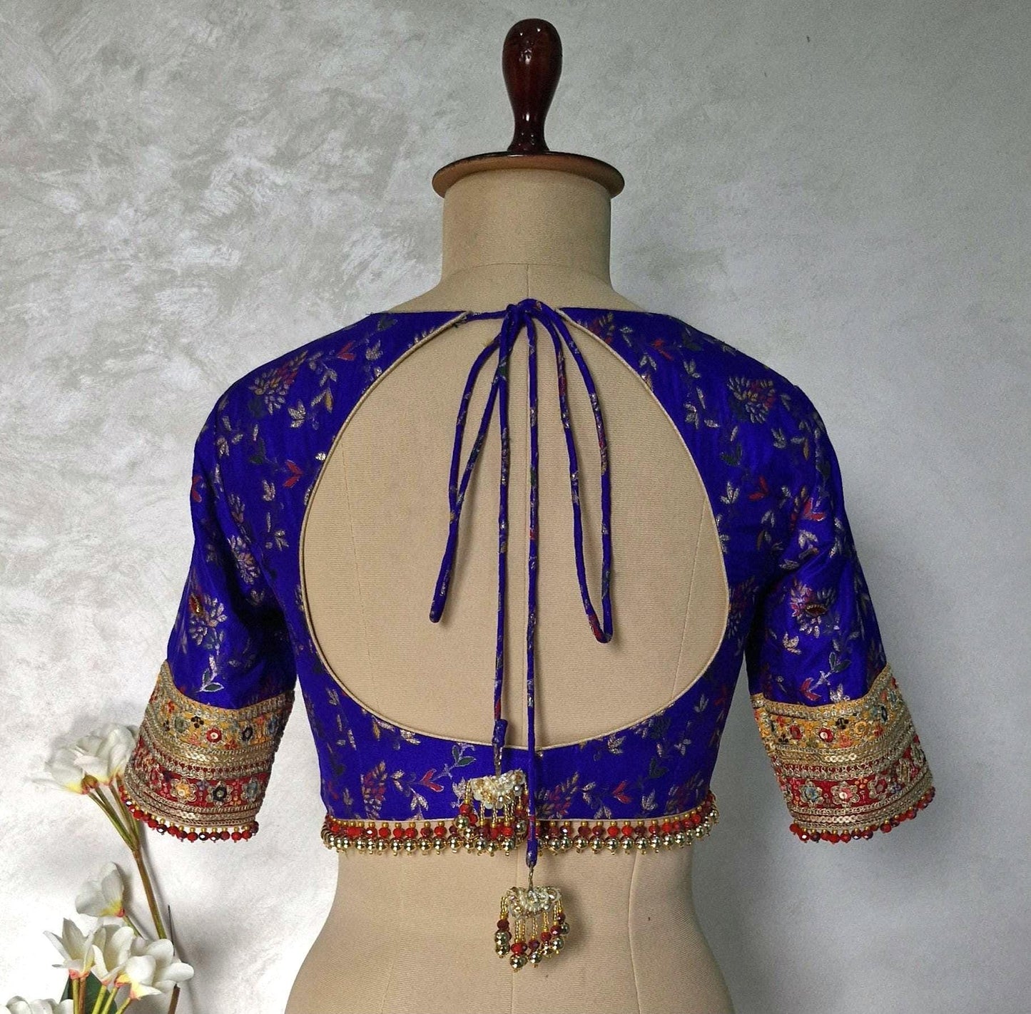 Blue Red Brocade Silk Sweetheart Neckline Blouse DVBL_448