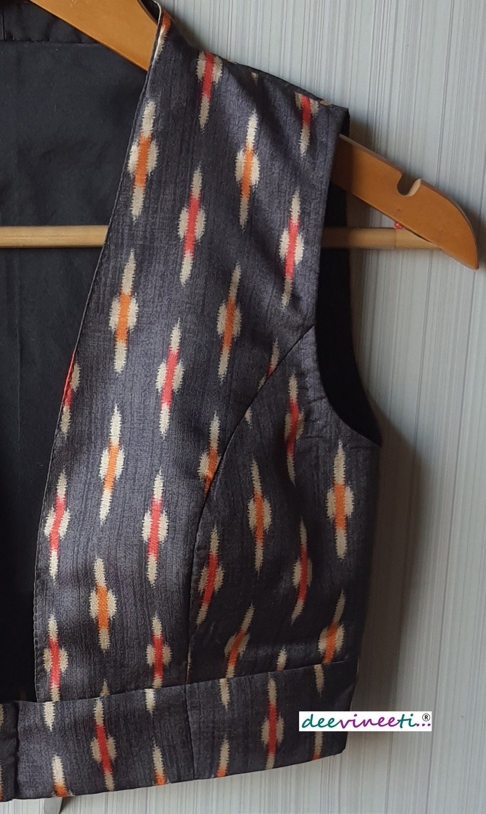 Grey Ikat Print Khadi Silk Plunge Neck Blouse DVBL_072