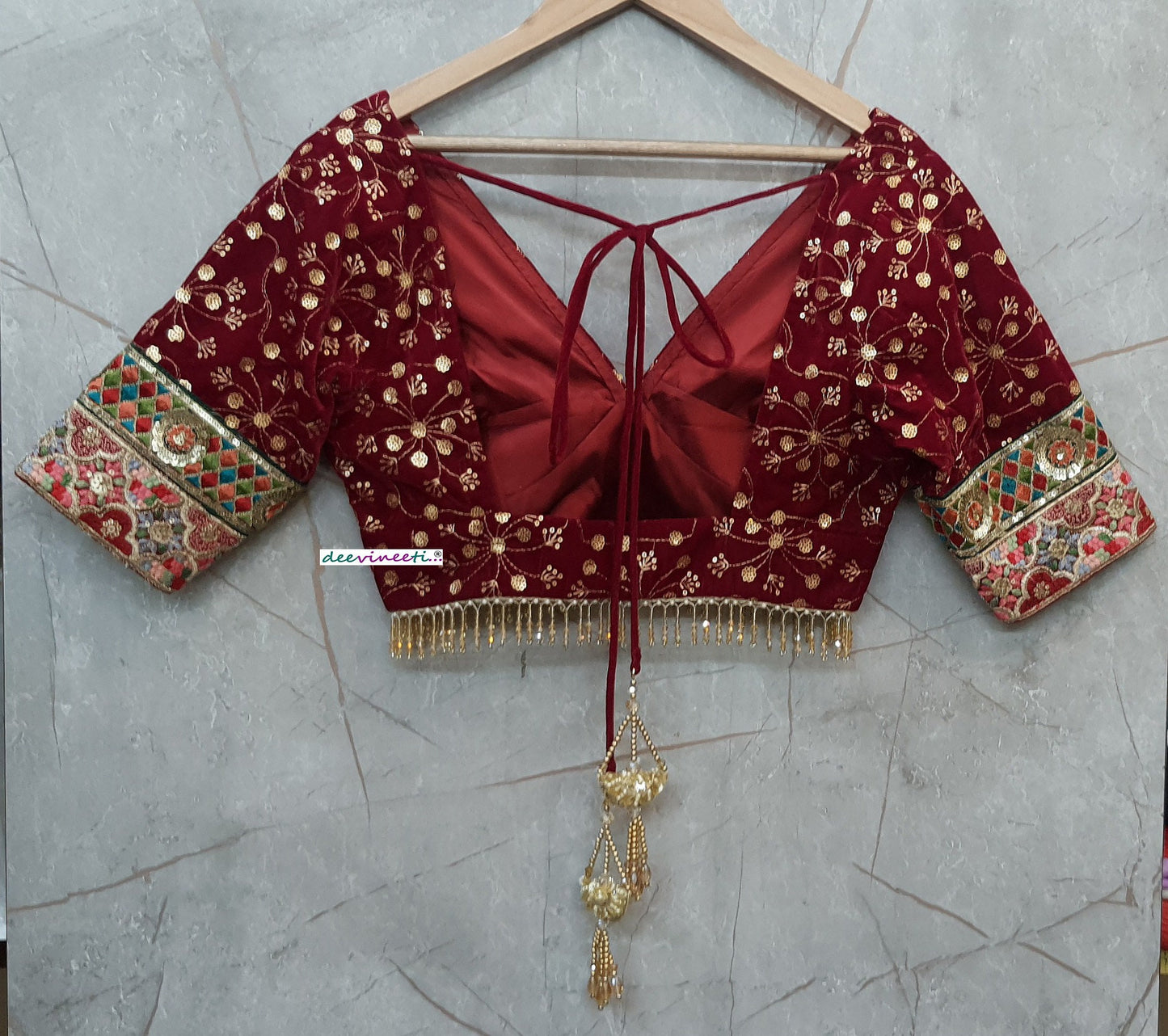 Maroon Embroidered Velvet Deep V Neck Blouse DVBL_200