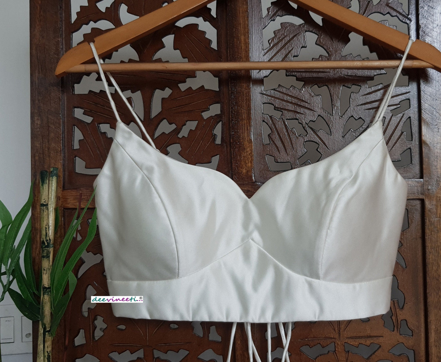 Off White Satin Sweetheart Neck Spaghetti Blouse DVBL_278
