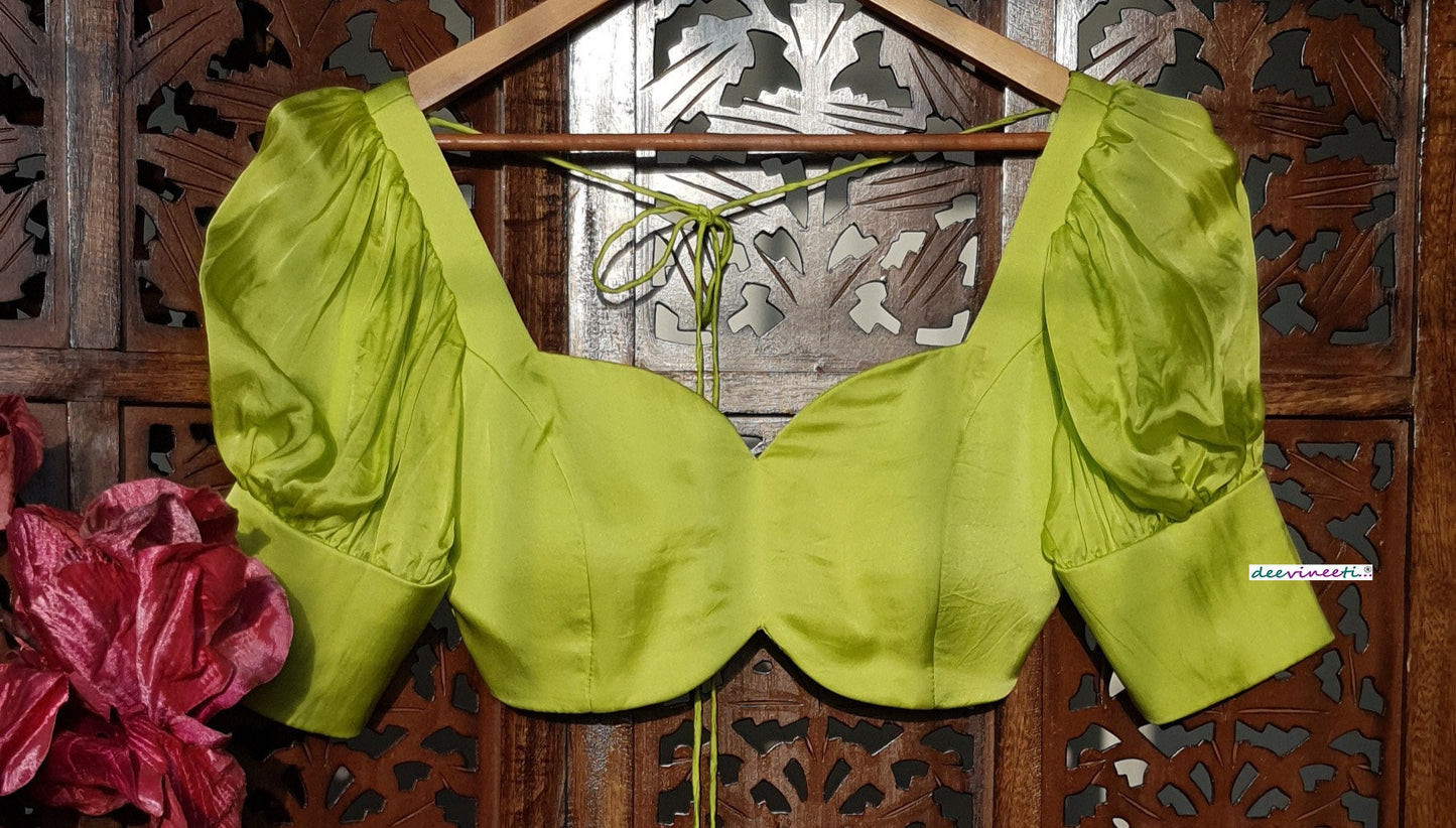 Lime Green Satin Organza Puff Sleeves Blouse DVBL_266