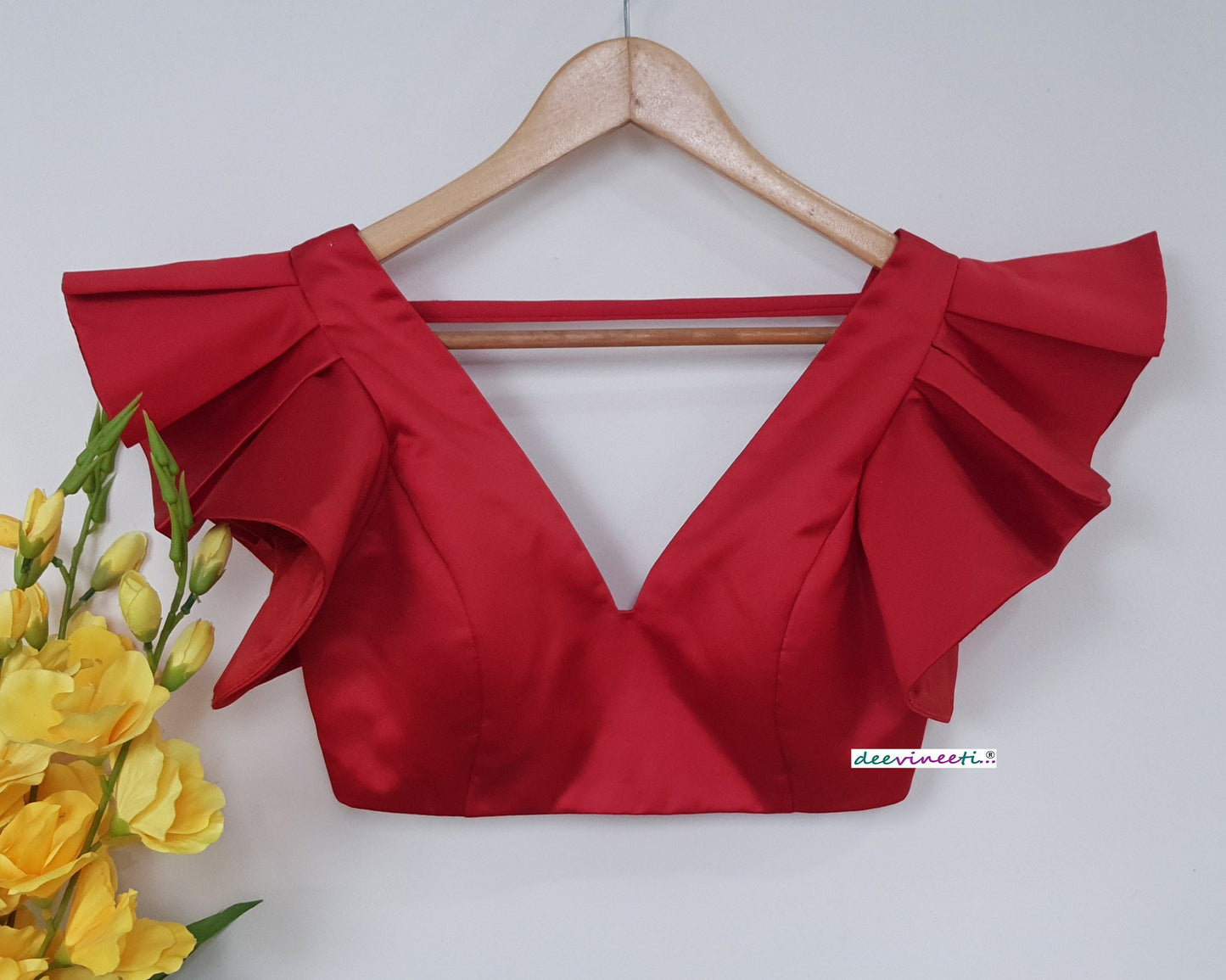Red Satin Deep V Neck Ruffled Sleeves Blouse DVBL_265