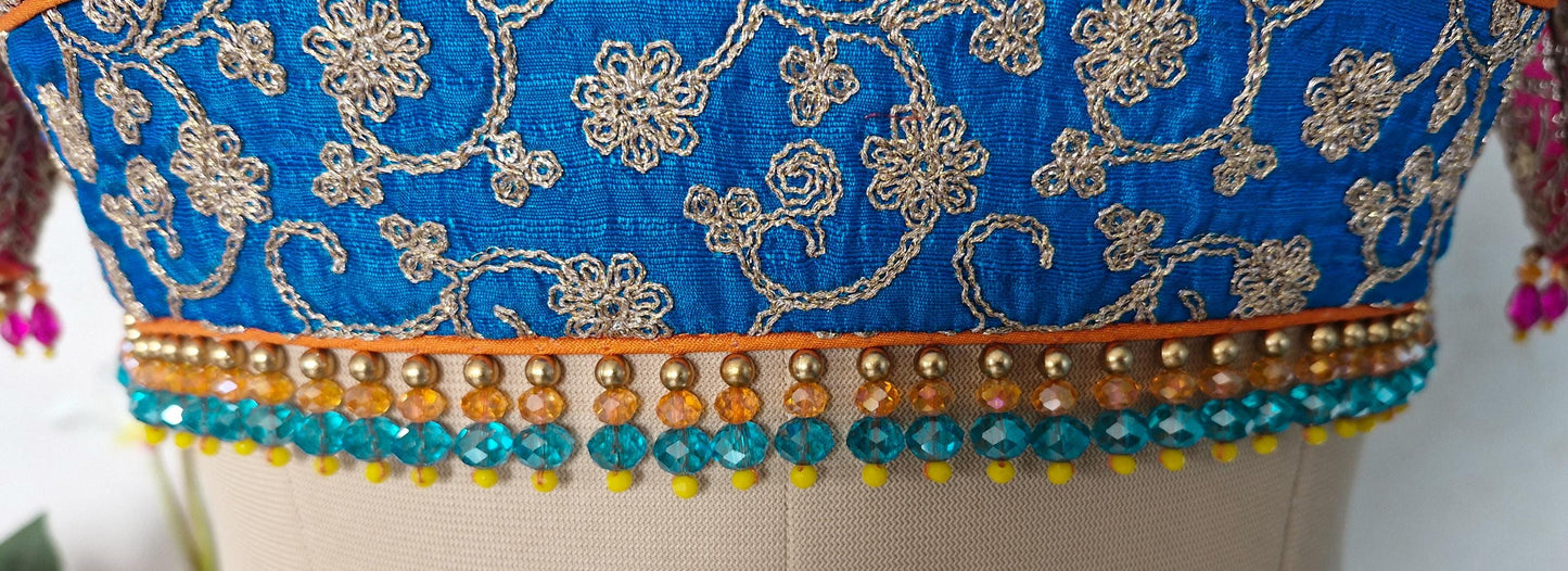 Blue and Orange Embroidered Silk Blouse DVBL_456