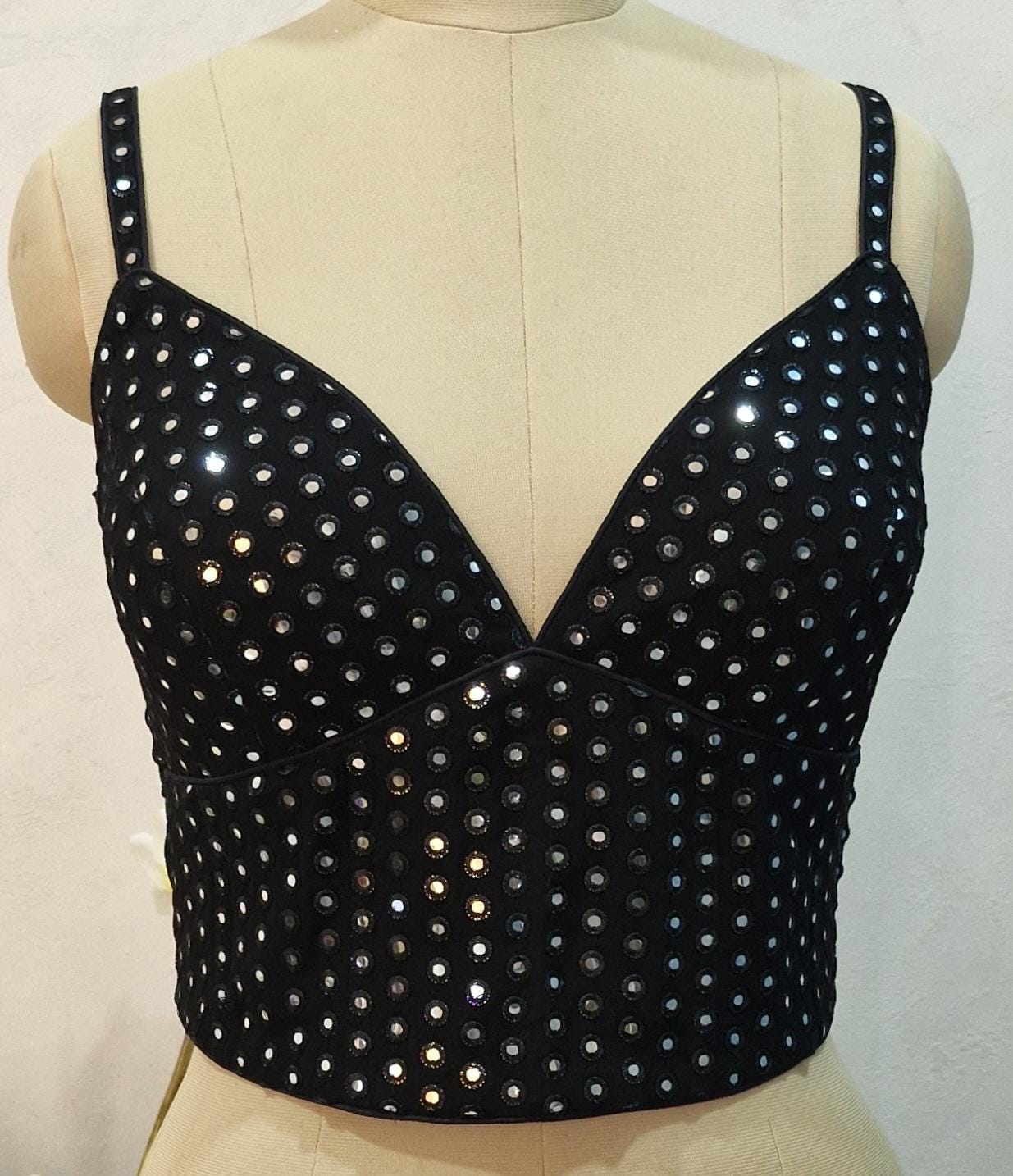 Black Faux Mirror Embroidered Spaghetti Corset Blouse DVCB_007